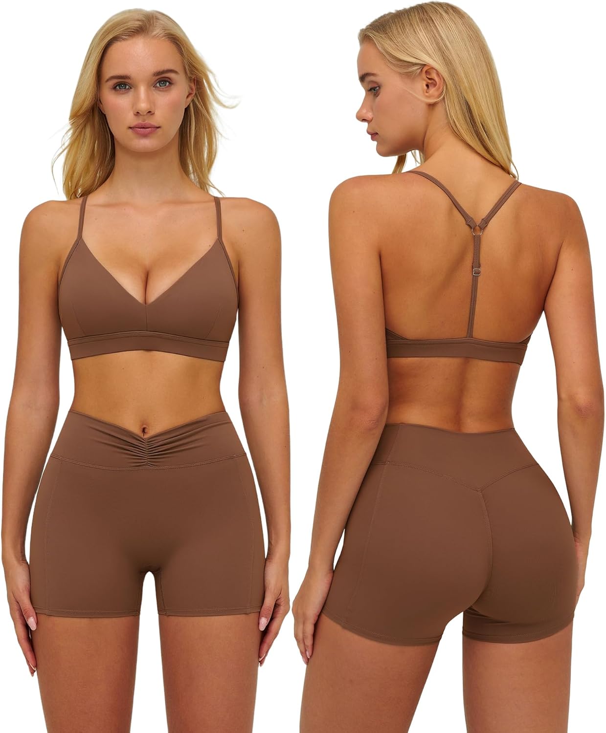 ABOCIW Womens Workout Sets V Neck Sports Bra Tummy Control High Waist Biker Shorts 2 Piece Yoga Pilates Outfits