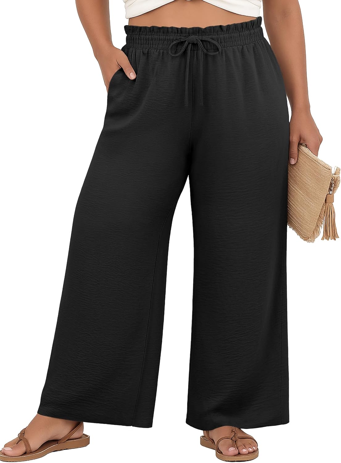 OLRIK Women's Plus Size Pants Adjustable High Waisted Wide Leg Palazzo Casual Trousers with Pockets Spring Clothes