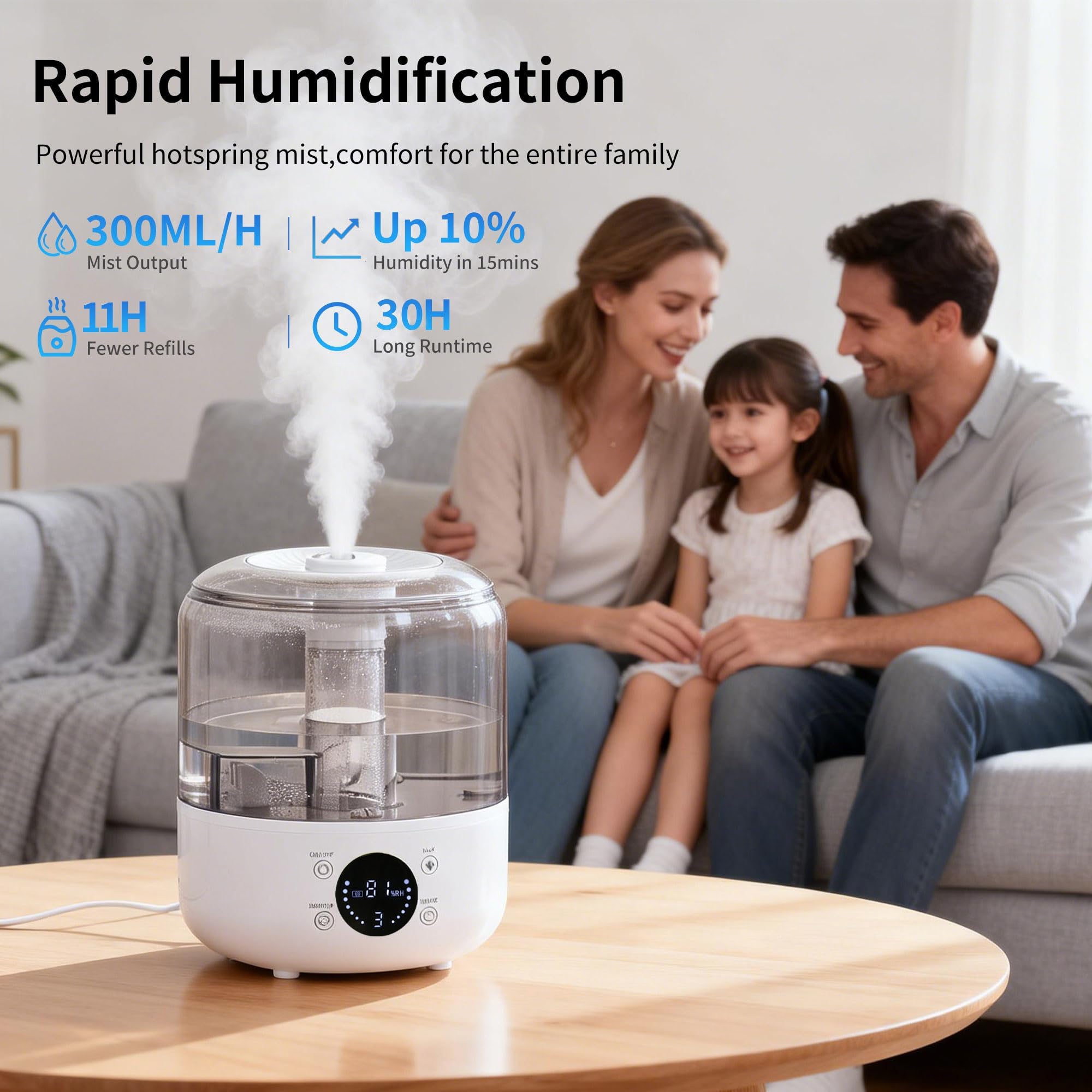 Nawilżacze do sypialni, zbiornik 3 l na 10 h 38 dB cichy czas mgły, światła LED, inteligentny timer (10 godzin), automatyczne wyłączanie, idealne dla niemowląt i dużych pomieszczeń