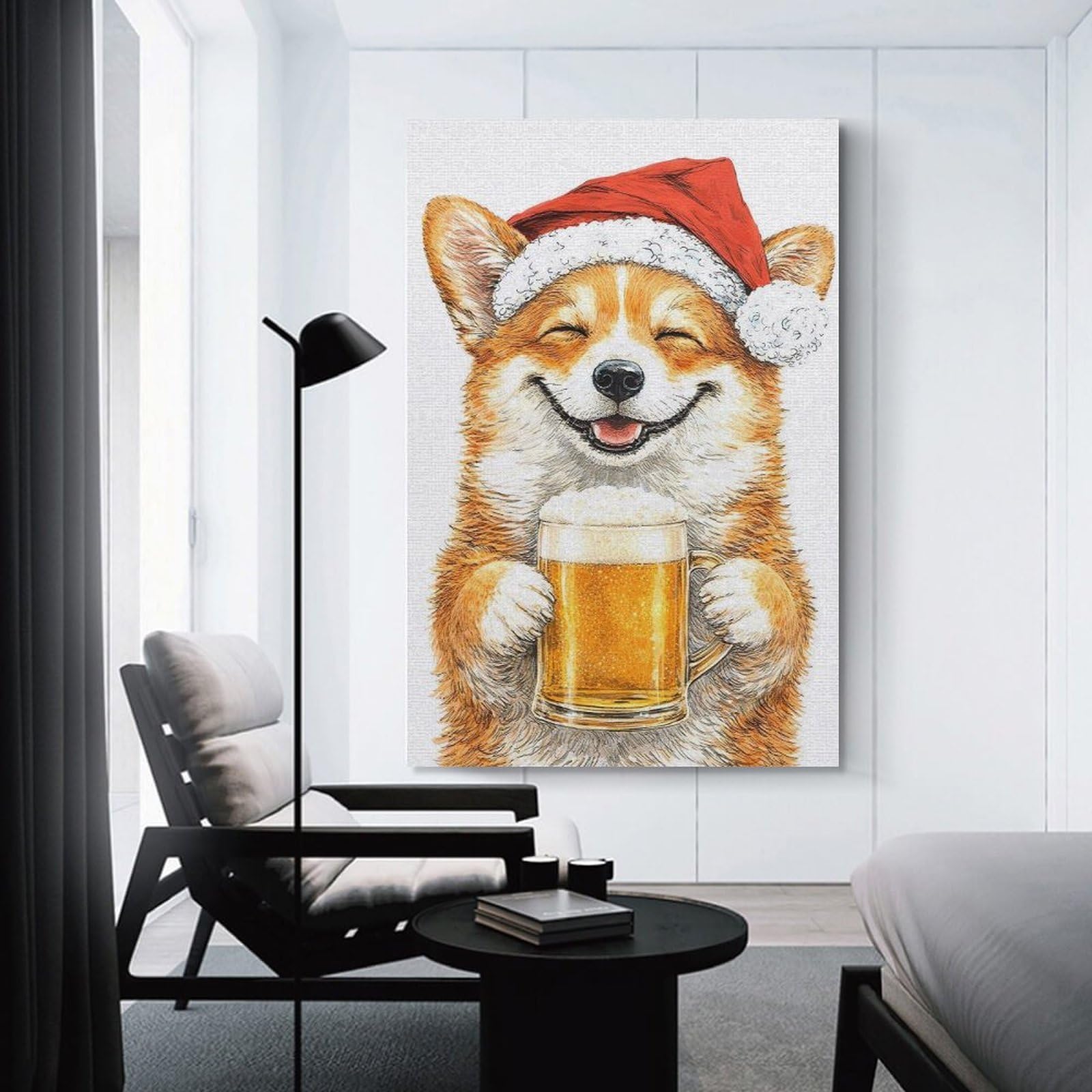 Junmoney Unframe-Style-19-1 Corgi In Santa Hat With Beer Wall Art Print 12X18inch(30X45cm), For Gallery Wall Layouts In Home Or Office, An Easy Match For Collected Prints