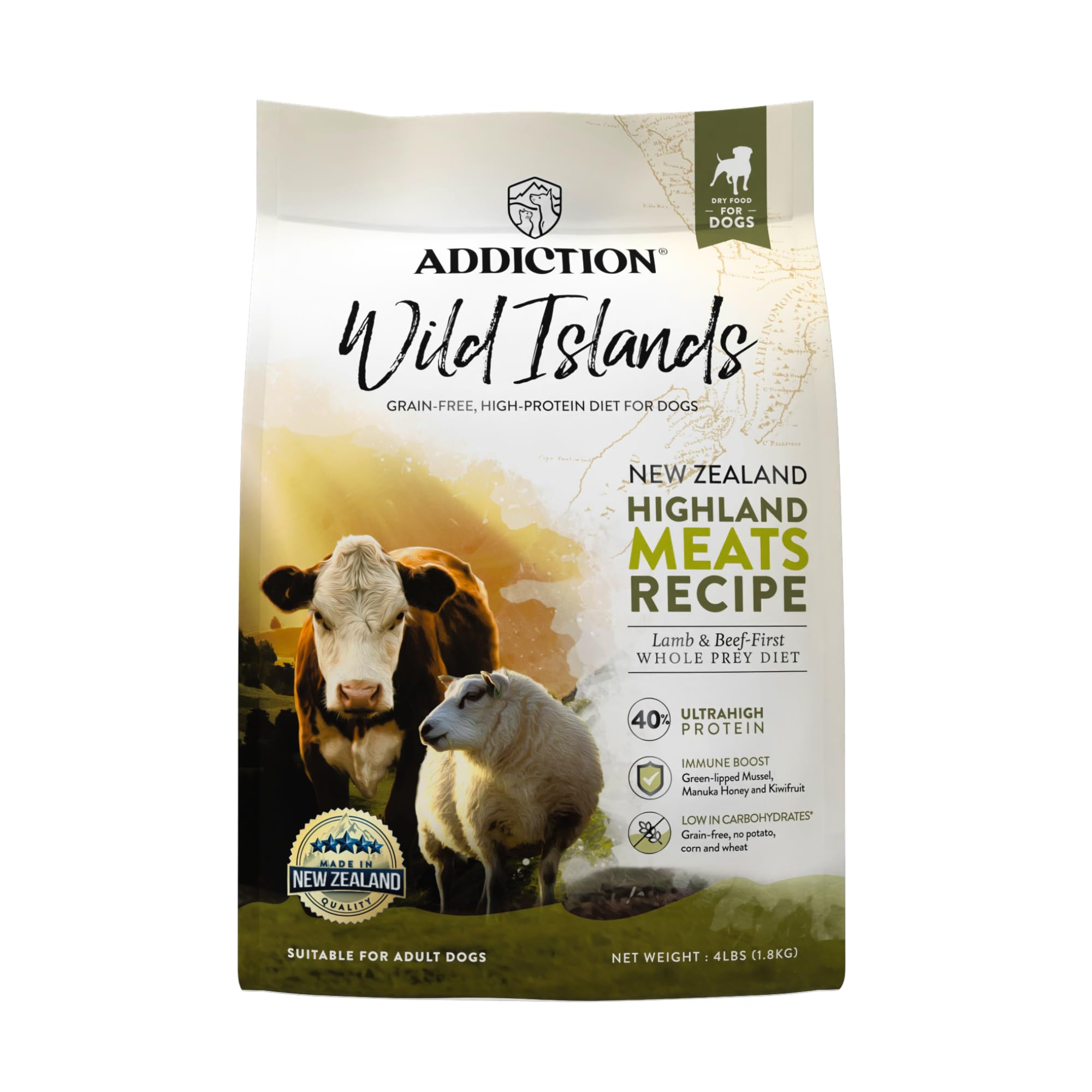 Addiction Wild Islands Highland Meats - Grass-Fed Lamb & Beef - Whole Prey Diet with Meat & Organ Meats - High-Protein Grain-Free Dry Dog Food for Adult Dogs - 4lbs
