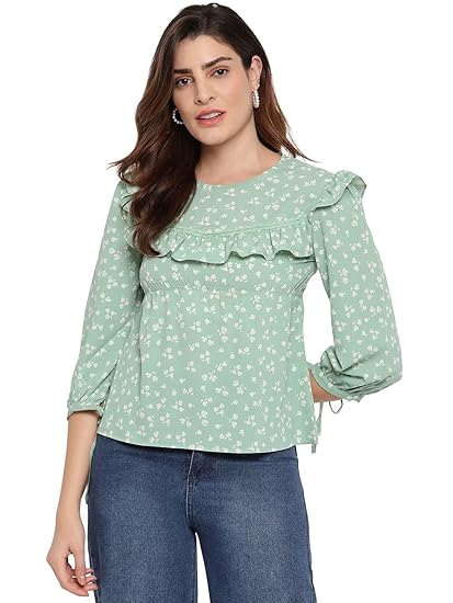 Marc Loire Womens Floral Printed Fashion Western Party & Casual Wear Top with Frills and Lace
