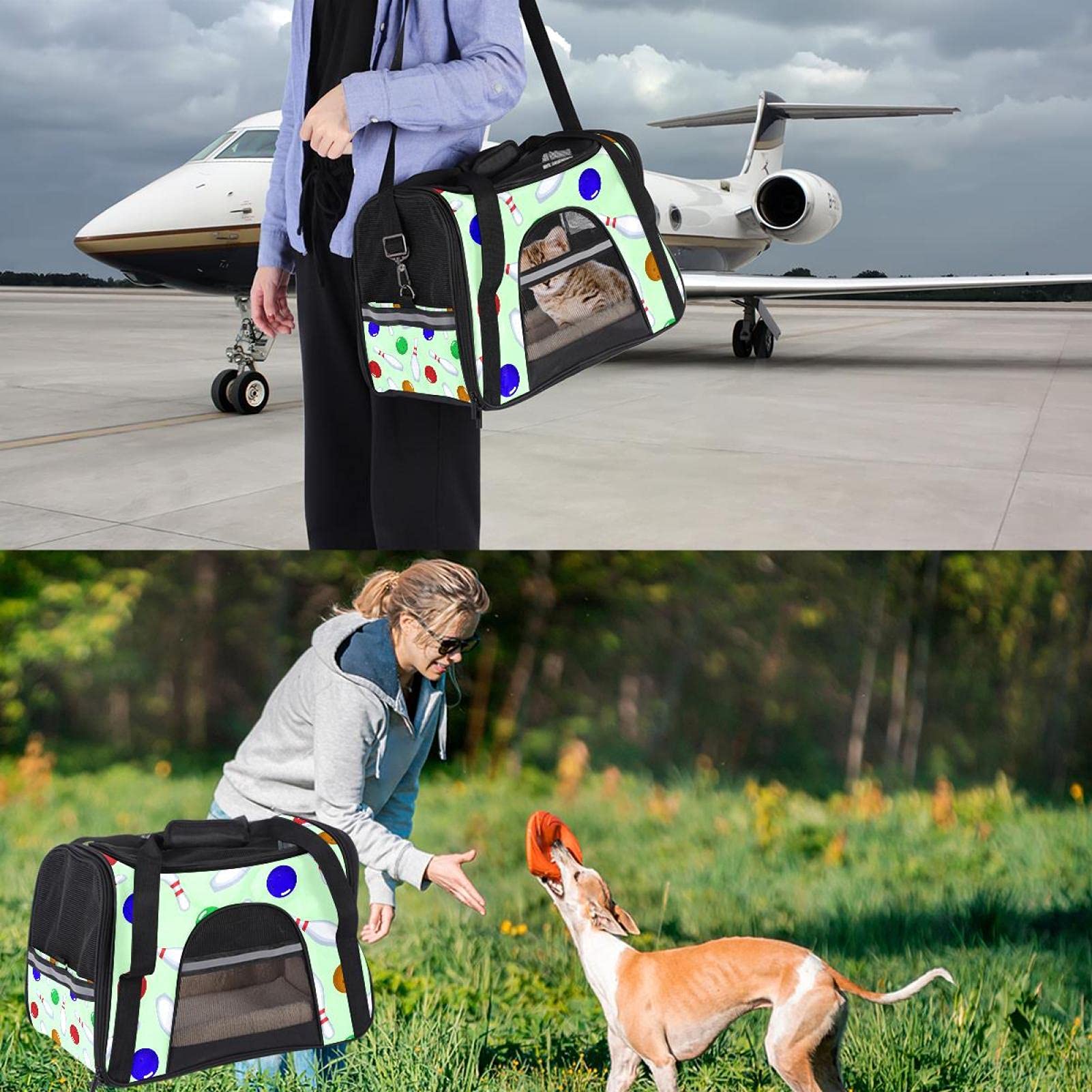 Haustier-Tragetasche, Bowlingnadeln und Bowlingbälle, Sportmuster, weiche Seiten, Haustier-Tragetasche, für Katzen, Hunde, Welpen, bequem, tragbar, faltbar, für Fluggesellschaften zugelassen