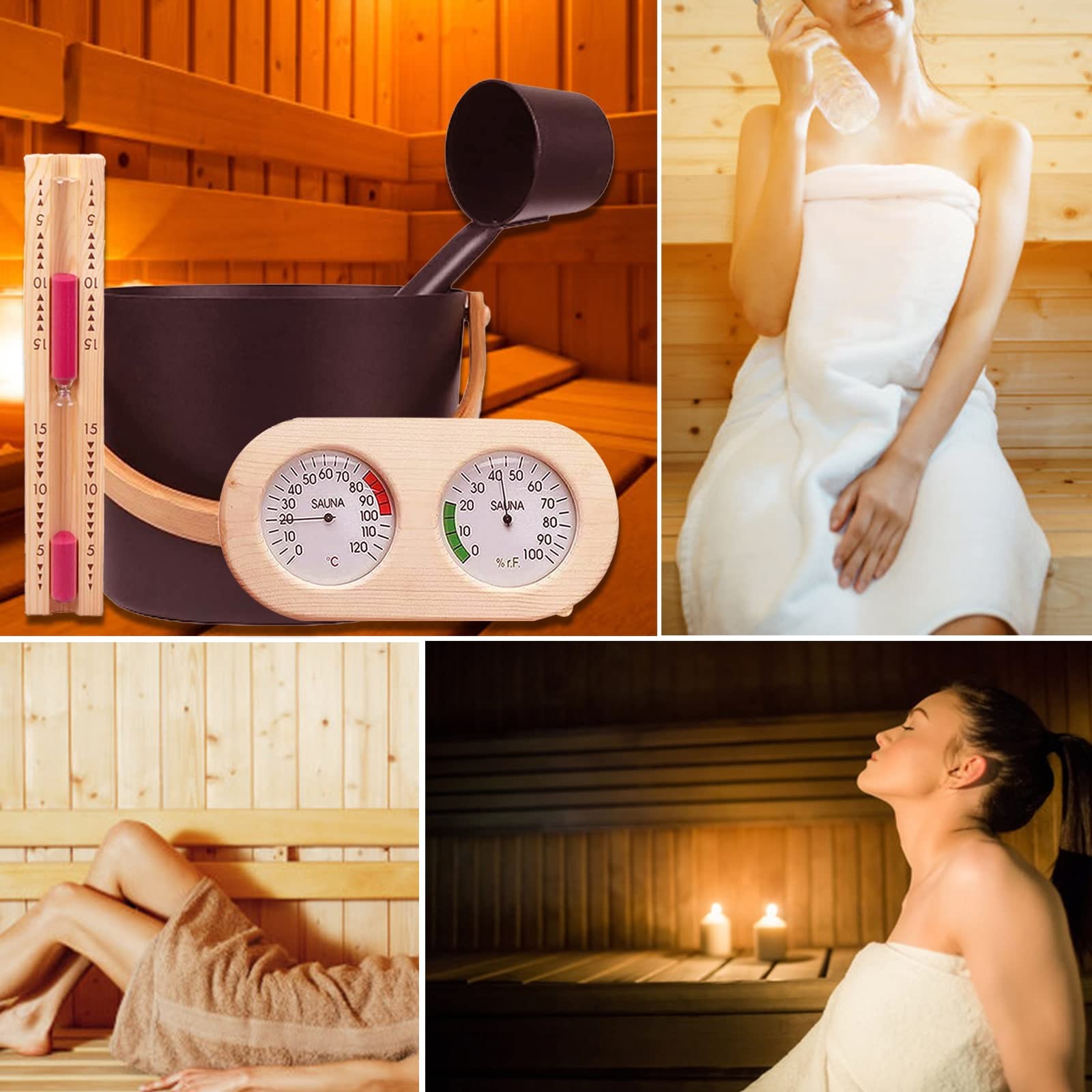 4PCS 7L Seau Pour Sauna, Set Complet Pour Sauna Seau Avec Louche En Bois Pin Finlandais Haute Qualité Accessoires Pour Sauna Seau Pour Infusion (Seau Pour Sauna+Louche+Thermomètre Hygromètre+Sablier)