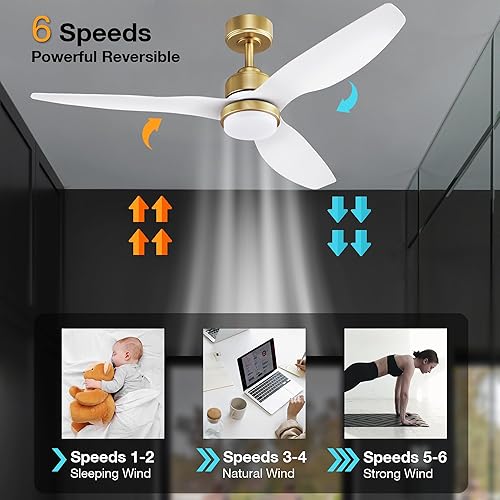 Miniatura 4 de Ventiladores de techo inteligentes de 52 pulgadas con luces y control remoto, luz LED regulable, ventilador de techo blanco dorado para interiores y