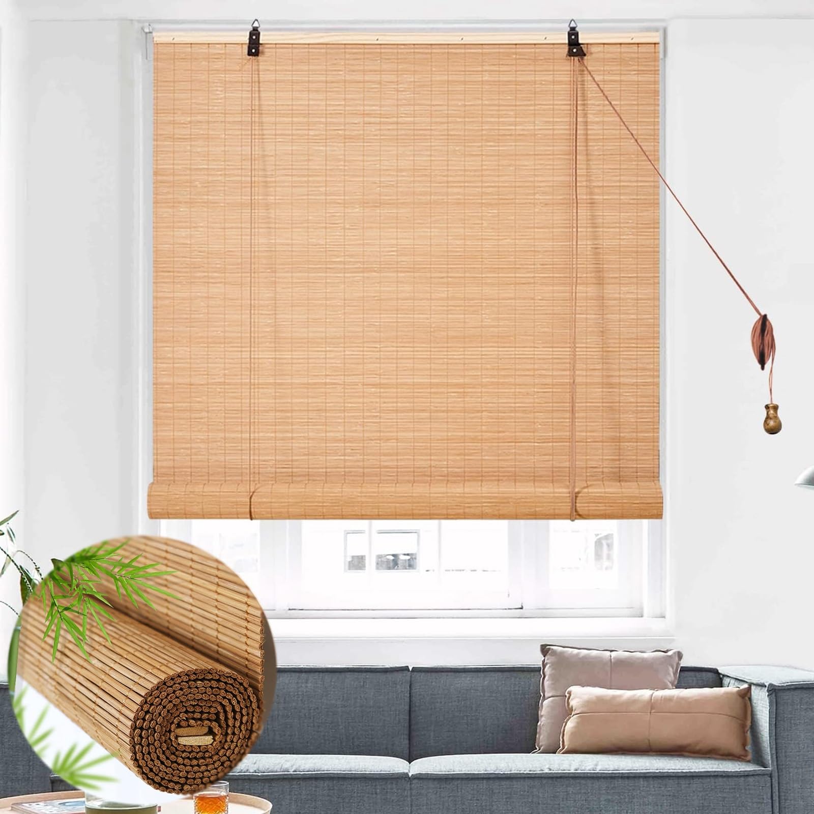 Store Enrouleur Bambou Naturel, Store À Rouleau en Bambou 55% Protection Solaire Intimité Écran, Fournir De l'ombre Store Occultant Exterieur pour Fenêtre, pour Balcon/Jardin/Intérieur