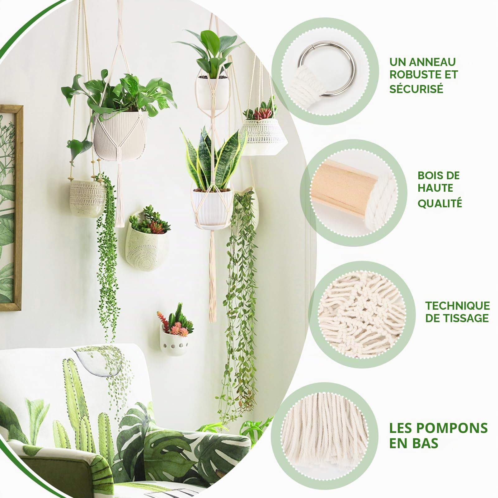 AKONE Lot de 4 pots de fleurs suspendus en macramé - Décoration bohème - Avec crochets - Pot de fleurs à suspendre pour plantes - Style bohème - Pour jardin, balcon, décoration murale