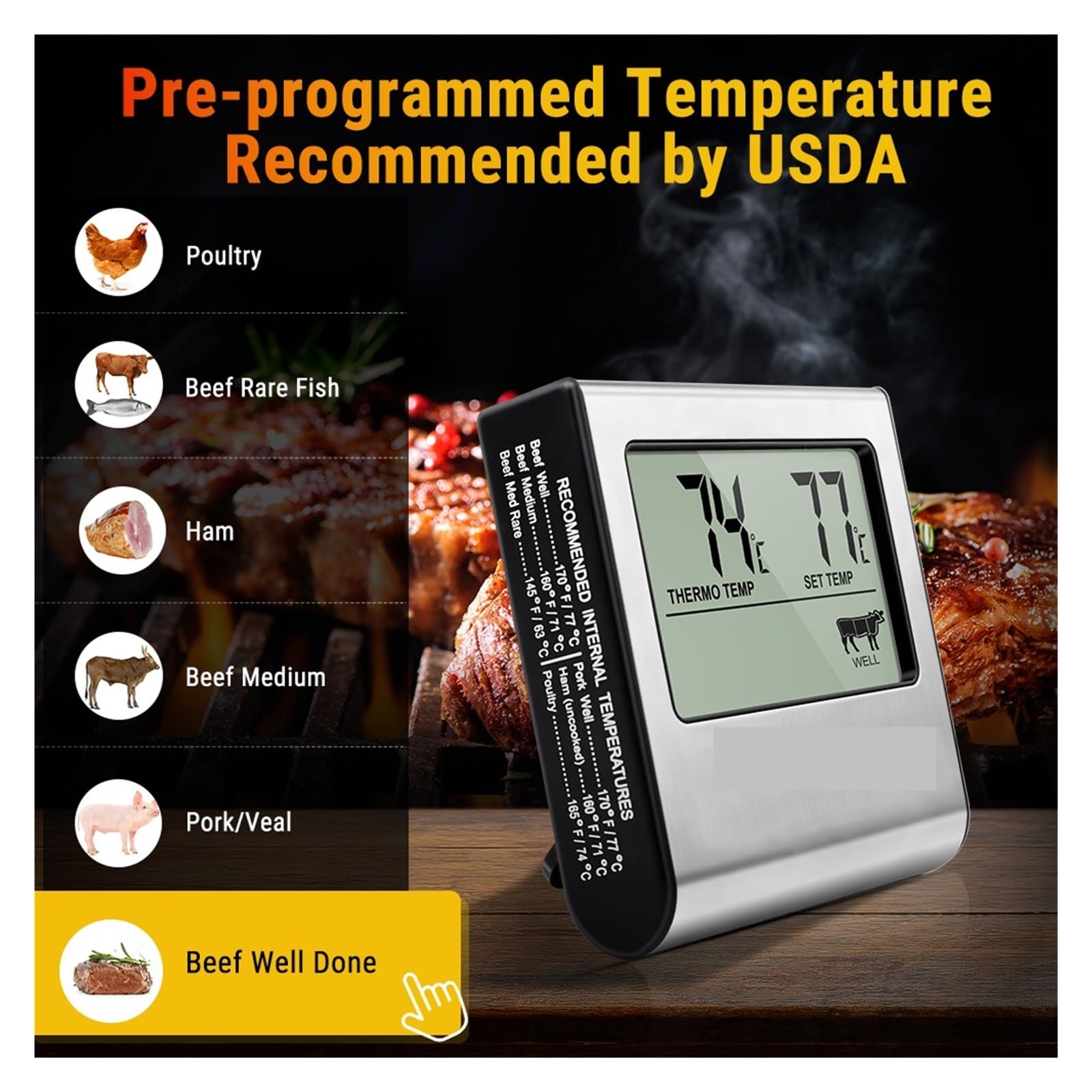 Termoigrometro Termometro for Carne da Cucina con Display LCD Digitale for Griglia da Forno for Barbecue con Funzione Timer(Silver)