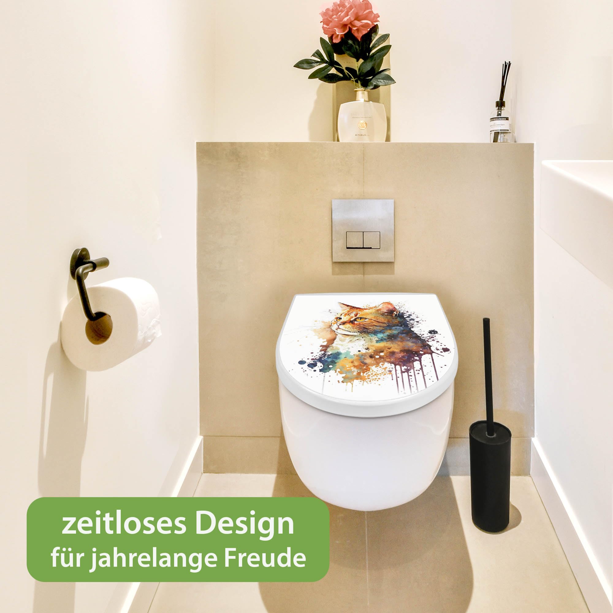 banjado WC Sitz mit Absenkautomatik D Form - Toilettendeckel mit Absenkautomatik D Form - Klodeckel Softclose - stabile Klobrille - Toilettensitz Weiß - Motiv Katzenportrait in Aquarell 1
