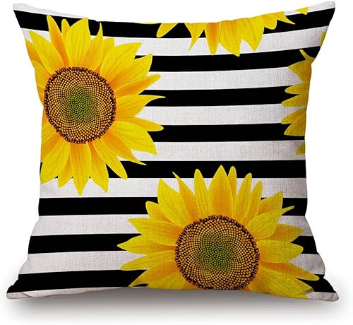 Solekla Funda de almohada decorativa de girasol a rayas blancas y negras, color amarillo creativo, funda de almohada de lino de algodón, funda de