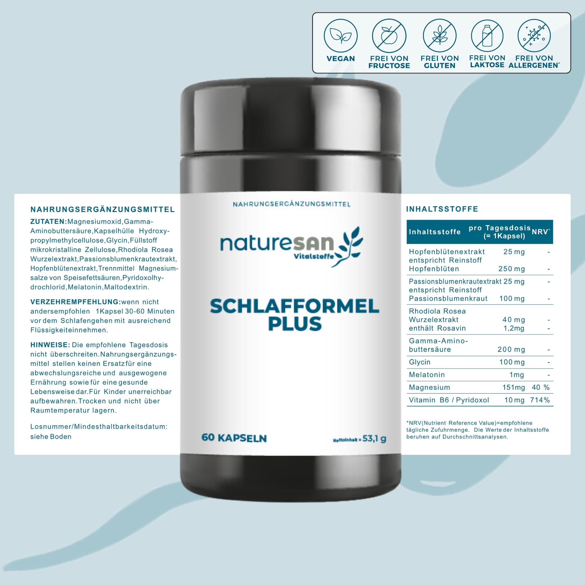 Schlafformel-Plus mit Melatonin – hochdosierte Kapseln für Einschlafen & Schlafqualität – Magnesium, Vitamin B6, GABA & Pflanzenextrakte – 60 vegan