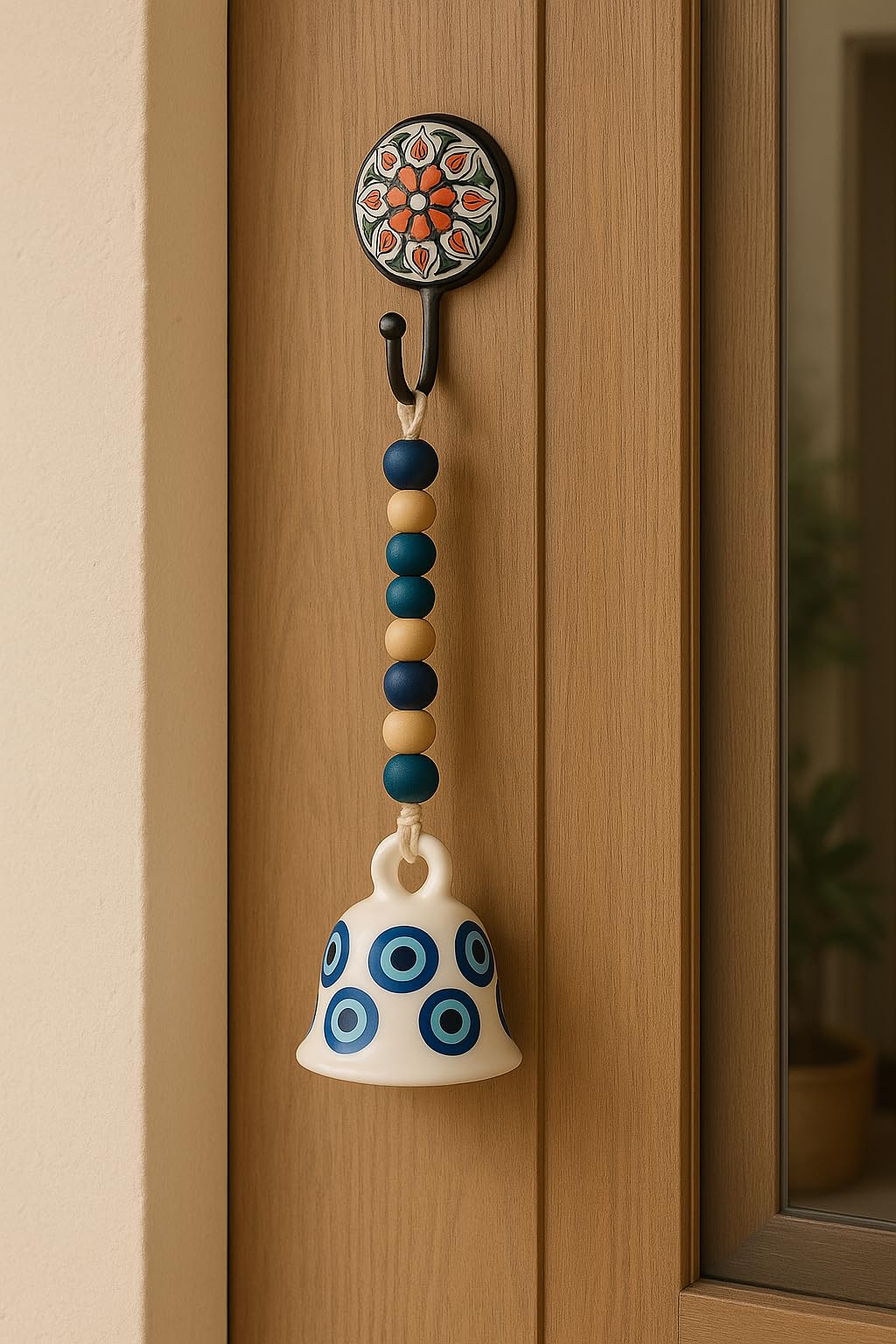 handmade ceramic bell for main door, balcony & wall décor set of 1 bell with wooden beads and ceramic hook