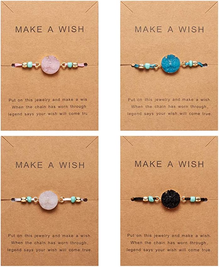 COLORFUL BLING 4Pcs/Pack Handmade Druzy Wrap Friendship Braided Bracelet Adjustable Wrist Cord Beaded Bracelet for Women Wish Card Jewelry