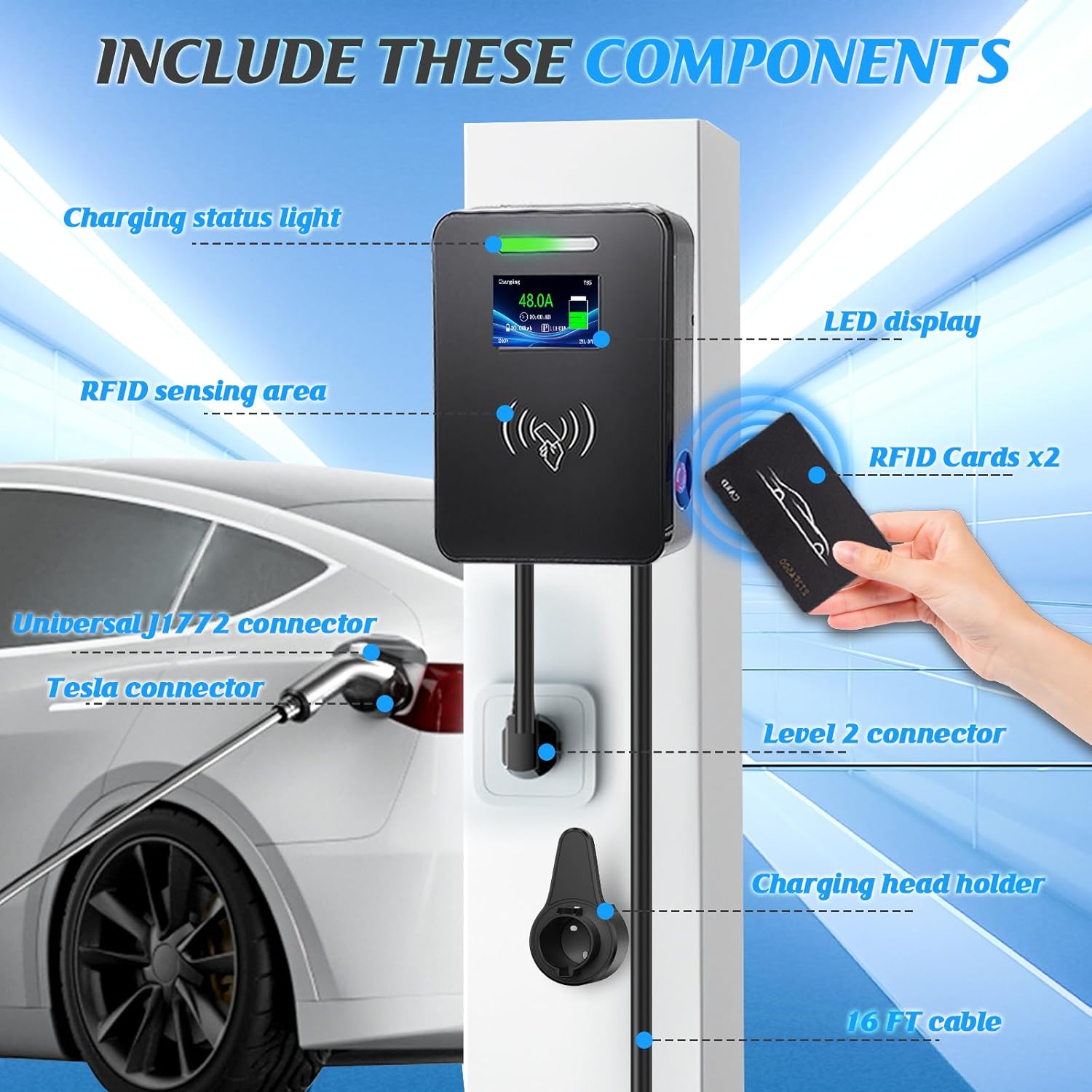 Level 2 J1772 EV Charger Station NEMA 14-50 48AMP 11.5KW Fit Tesla Model S Model 3 Model X Model Y Supercharger Home Wall Electric Vehicle Universal Car Charging All North American EVs