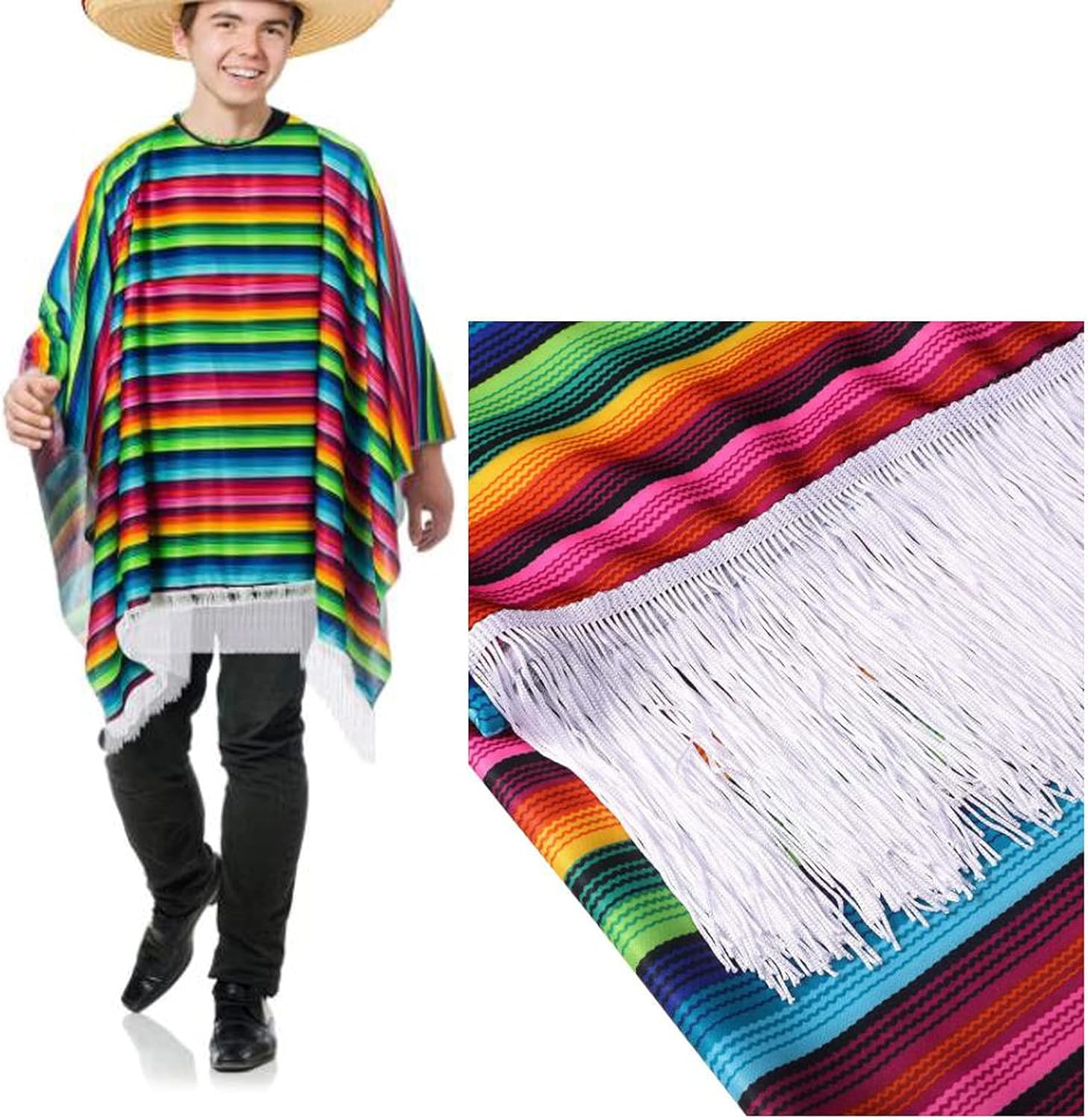 Men Women Mexican Serape Poncho Colorful Cinco De Mayo Mexican Fiesta Serape Poncho Fiesta Cosplay Party Supplies Halloween Costume Mexico Traditional Serapes Ponchoes for Adults - Image 2