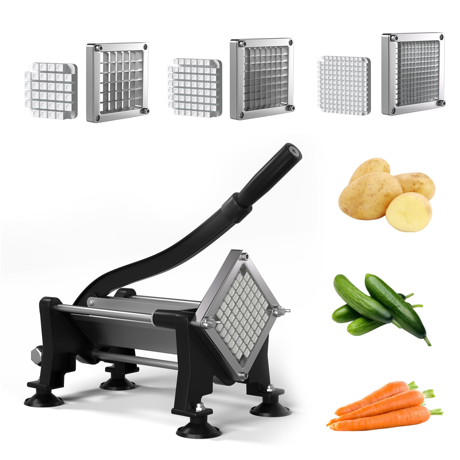 French Fry Cutter for Potatoes Slicer with Suction Feet Complete Set, Stainless Steel Potato Cutter with 1/4", 3/8",1/2",8 Blades for Sweet Potato, Carrot, Yam(Full Combo)