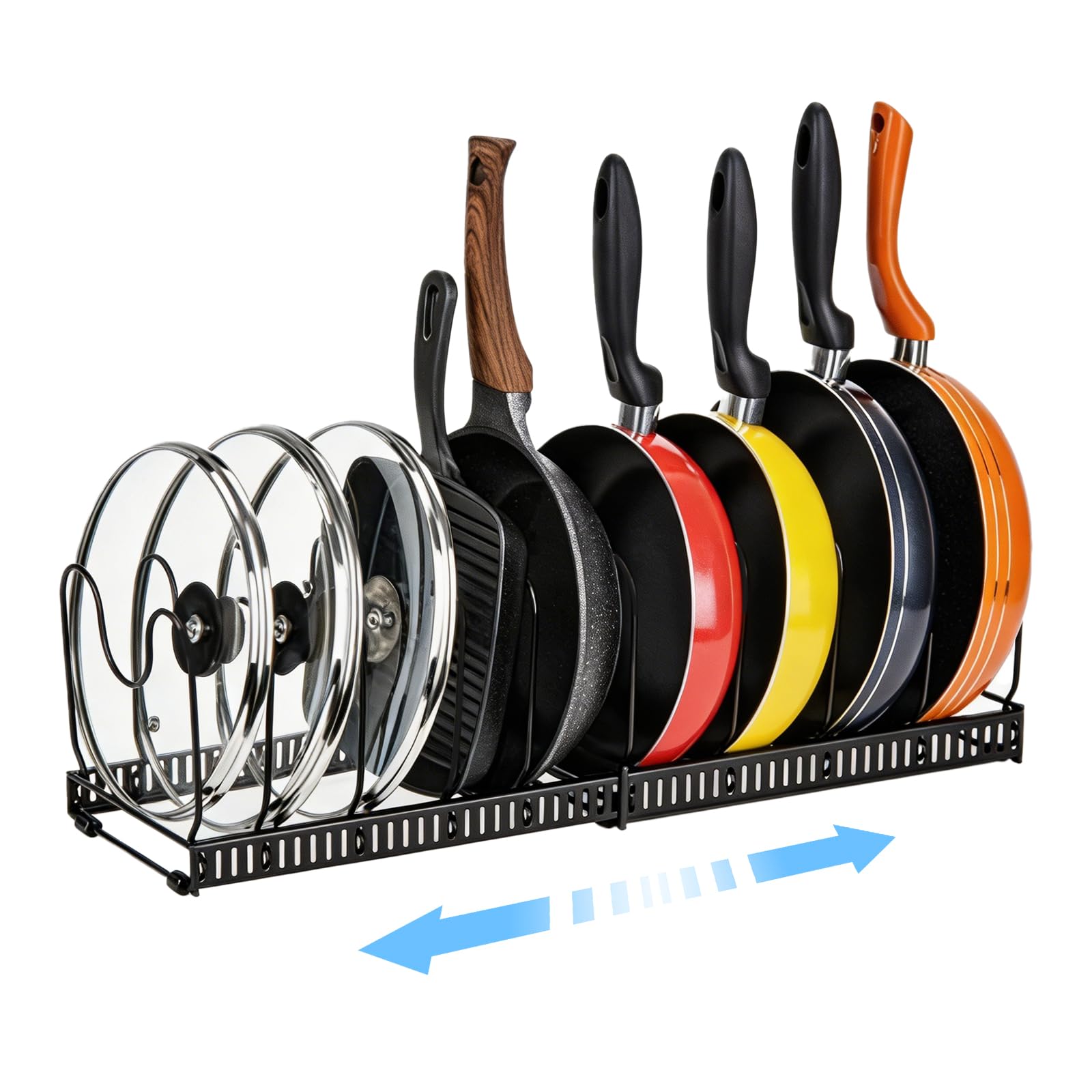 Expandable Pots and Pans Organiser for Kitchen Cupboard, 10 Adjustable Dividers Pan Lid Holder, Heavy Duty Carbon Steel Cookware Storage Rack for Cabinet Drawer Countertop, Non-Slip Bakeware Organiser