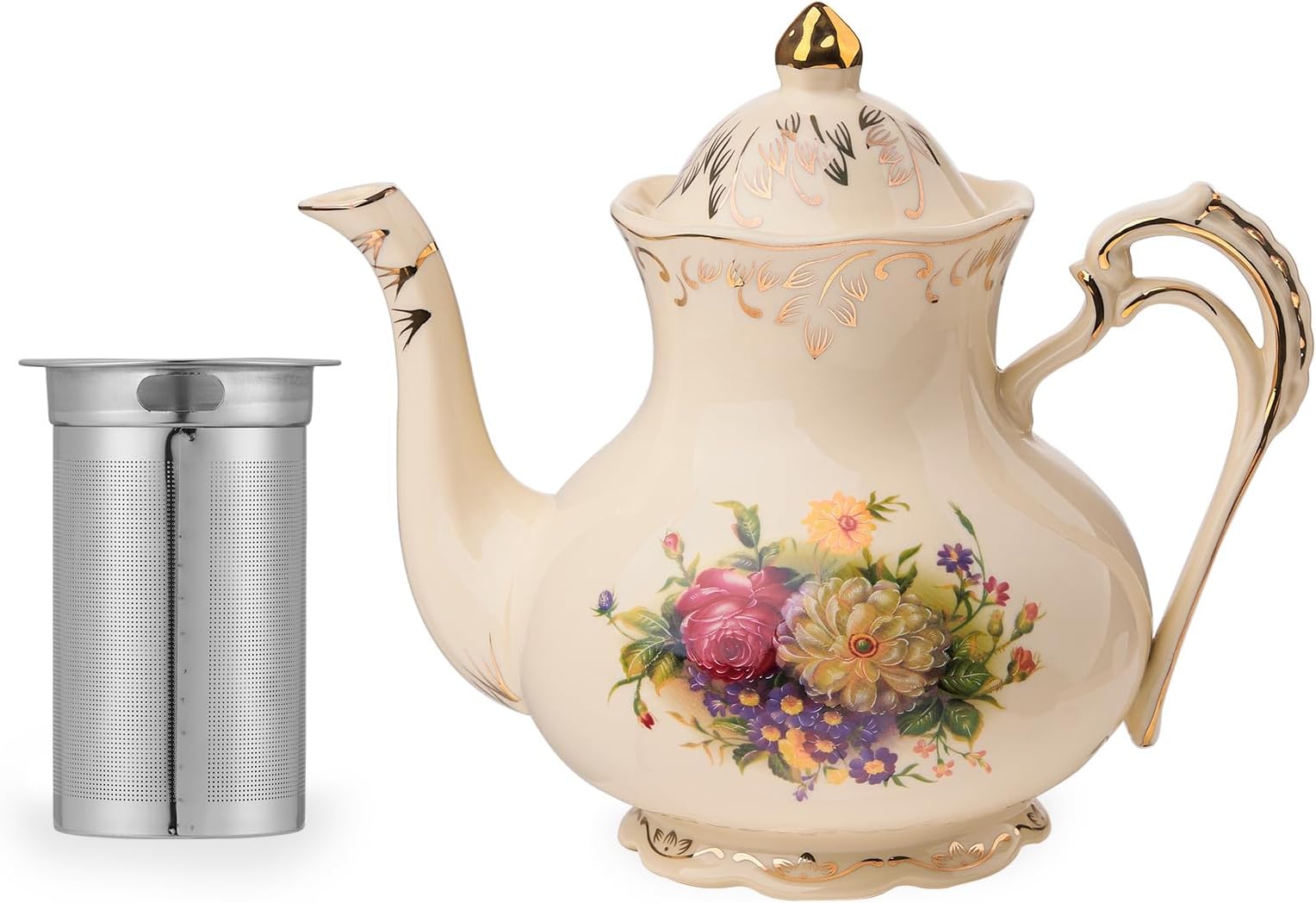 STARVAST Vintage Rose Ceramic Teapot - 28oz Floral Porcelain Pot With Golden Trim