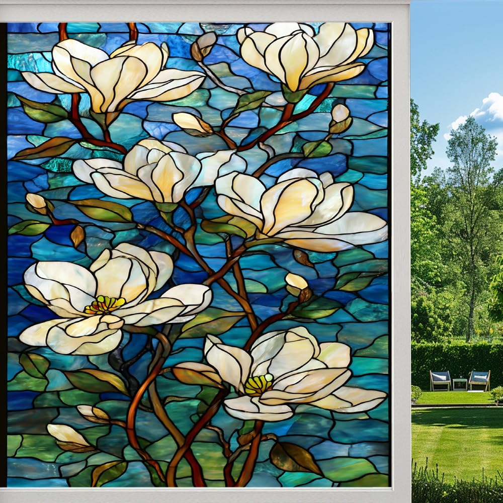Pmlbaous Abstract Magnolia Frosted Window Film, Natural Flower Branches Stained Glass Privacy Film, Heat Insulation Self-Adhesive Vinyl For Bathroom Office, （45X60cm）