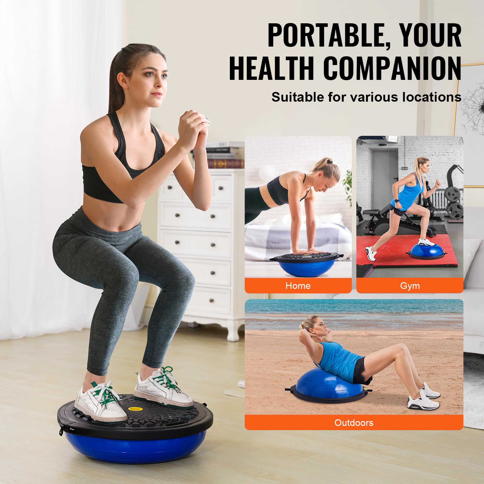 VEVOR Mezzo Allenatore Palla per Esercizi, Equilibrio, Stabilità Palla Yoga Fitness con Fasce di Resistenza e Pompa a Pedale, Allenamento Corpo di Palestra Casa, Capacità Portante 680 kg, 64 cm Blu