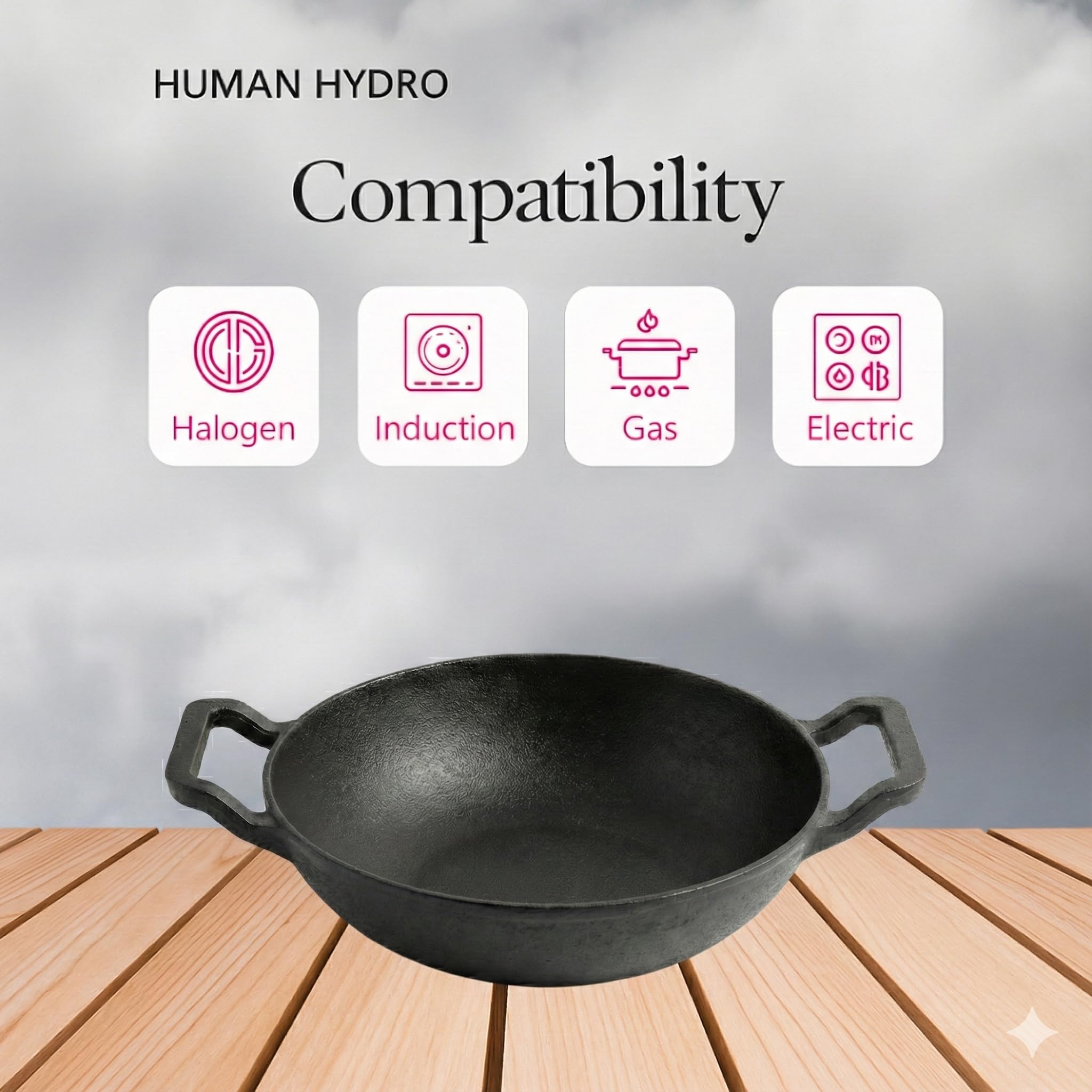 Human Hydro Pre-Seasoned Cast Iron Kadai - 23cm (9.1 Inch), 1.3 Litre with Wooden Flip Spatula, Induction & Gas Friendly Flat Botton, 100% Natural Non-Stick & Non-Toxic 1