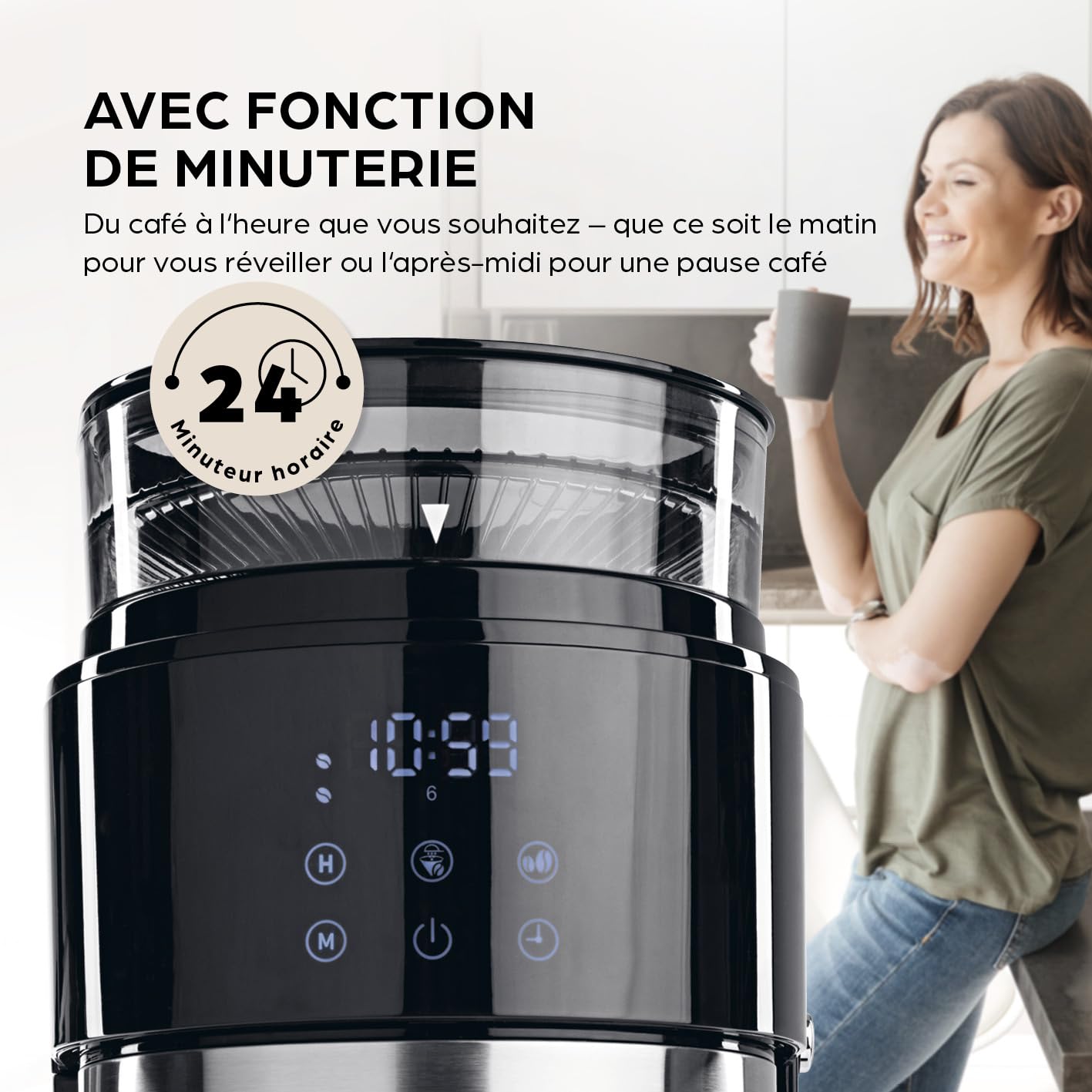 Barista Machine à café avec broyeur, cafetière à filtre avec verseuse en verre | machine à filtre de 900 W avec écran tactile et fonction minuterie jusqu'à 10 tasses | cafetière à café de 1,25 l