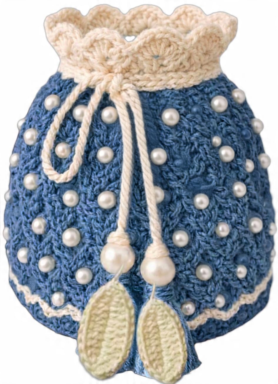Handmade Crochet Drawstring Pouch Bag, Navy Blue with Pearl Beads, 13cm x 20cm, Short Handle, Stylish Accessory-image-14