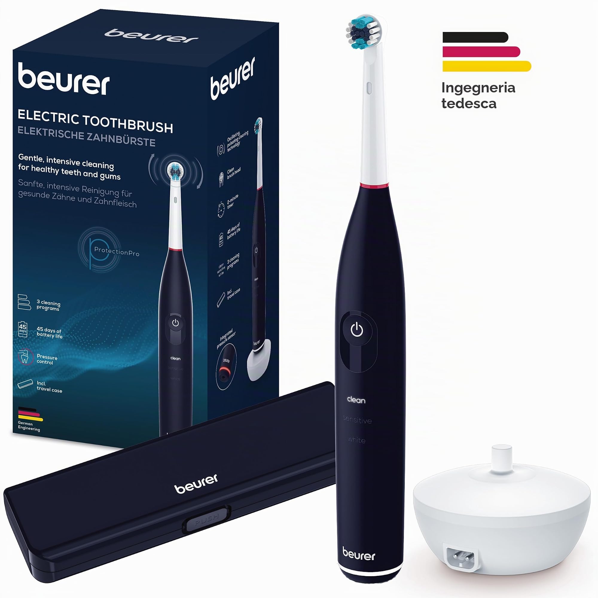 Beurer TB 50 Spazzolino Elettrico con Sensore di Pressione, 3 Programmi Clean, Sensitive e White e Timer Integrato da 2 Minuti per Una Pulizia Corretta Batteria Ricaricabile, Autonomia di 45 Giorni