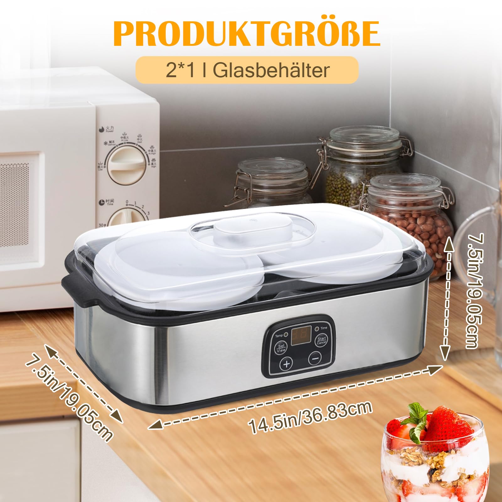 2L Joghurtbereiter,Joghurtmaschine mit 2 Gläsern,Joghurt Maker mit Temperatursteuerung und Time, multifunktionaler automatischer griechischer Joghurtbereiter, (EU -Stecker 220 V)