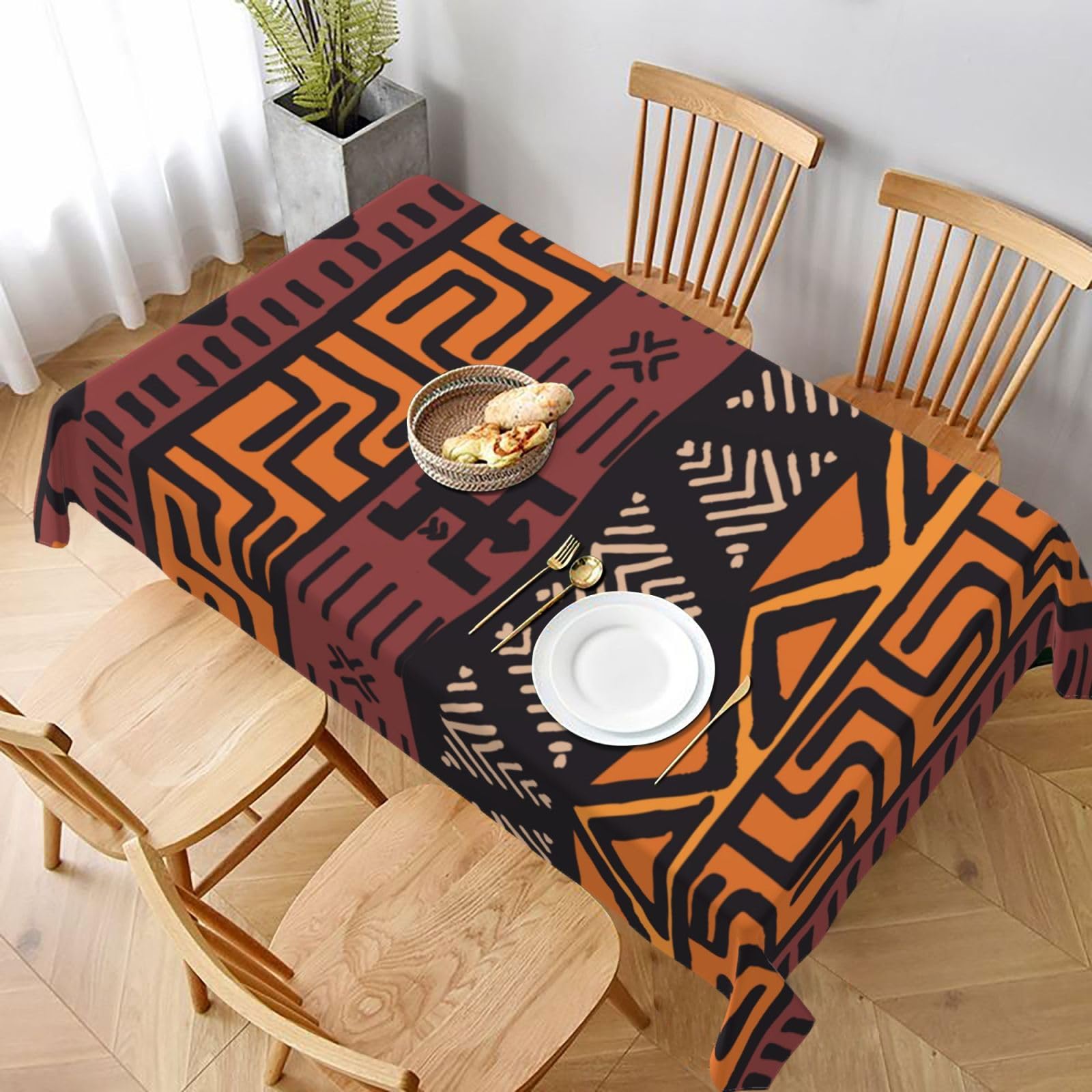 BNVSADC African Mud Cloth Tribal Printed Rectangle Tablecloth 228x152 CM, Water Resistant Polyester Table Cloth Decorative Fabric Table Covers for Kitchen Dining Table Parties Camping