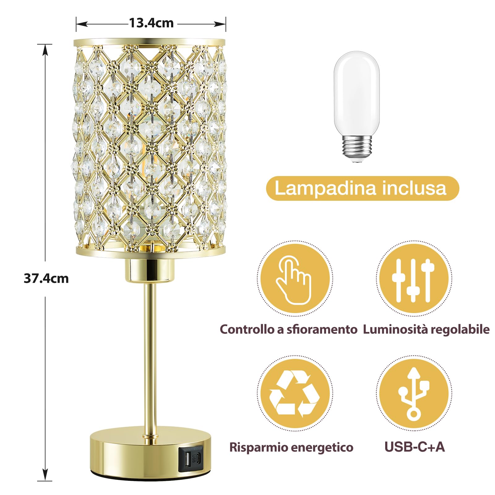 Lampada Touch Oro in Cristallo, Lampada da Comodino Dimmerabile a 3 Livelli con Porte USB C+A, Lampada da Comodino per Camera da Letto, Soggiorno (Lampadina Inclusa)