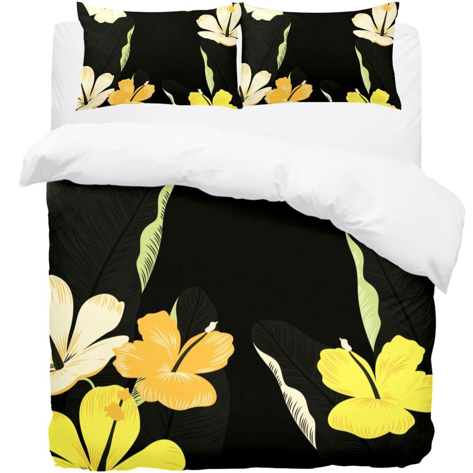 Housse de couette fleurs tropicales noir et ses deux taies d'oreiller de lit