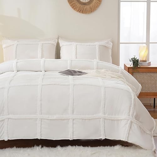 Miniatura 6 de Juego de edredón blanco tamaño Queen con copetudo, estilo bohemio, para cama Queen, diseño a cuadros de chenilla, súper suave y esponjoso, para