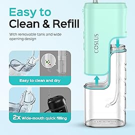 COSLUS Mini Water Flosser for Travel: Portable Lightweight Design Cordless Oral Irrigator with Removable Tank & 4 Modes, IPX7 Waterproof for Braces, Sensitive Teeth Travelers & Family Use, Green, T40