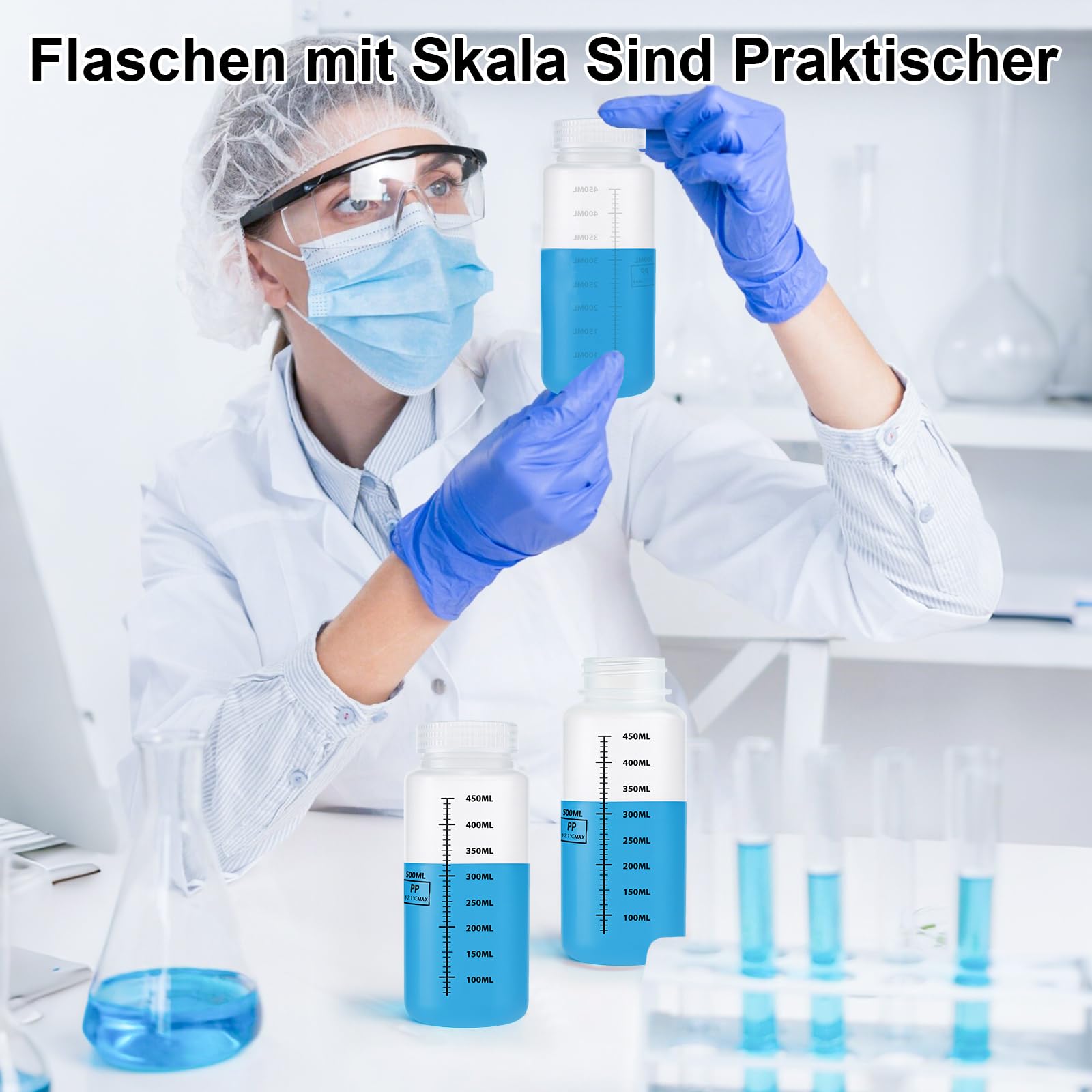 Sheryl&Rain 4 Pezzi 500ml Flaconi a Collo Largo, Bottiglie Plastica Reagenti Chimici da Laboratorio, Flacone in Plastica con Apertura Ampia, Bottiglia a Collo Largo con Tappo a Vite,per Laboratorio