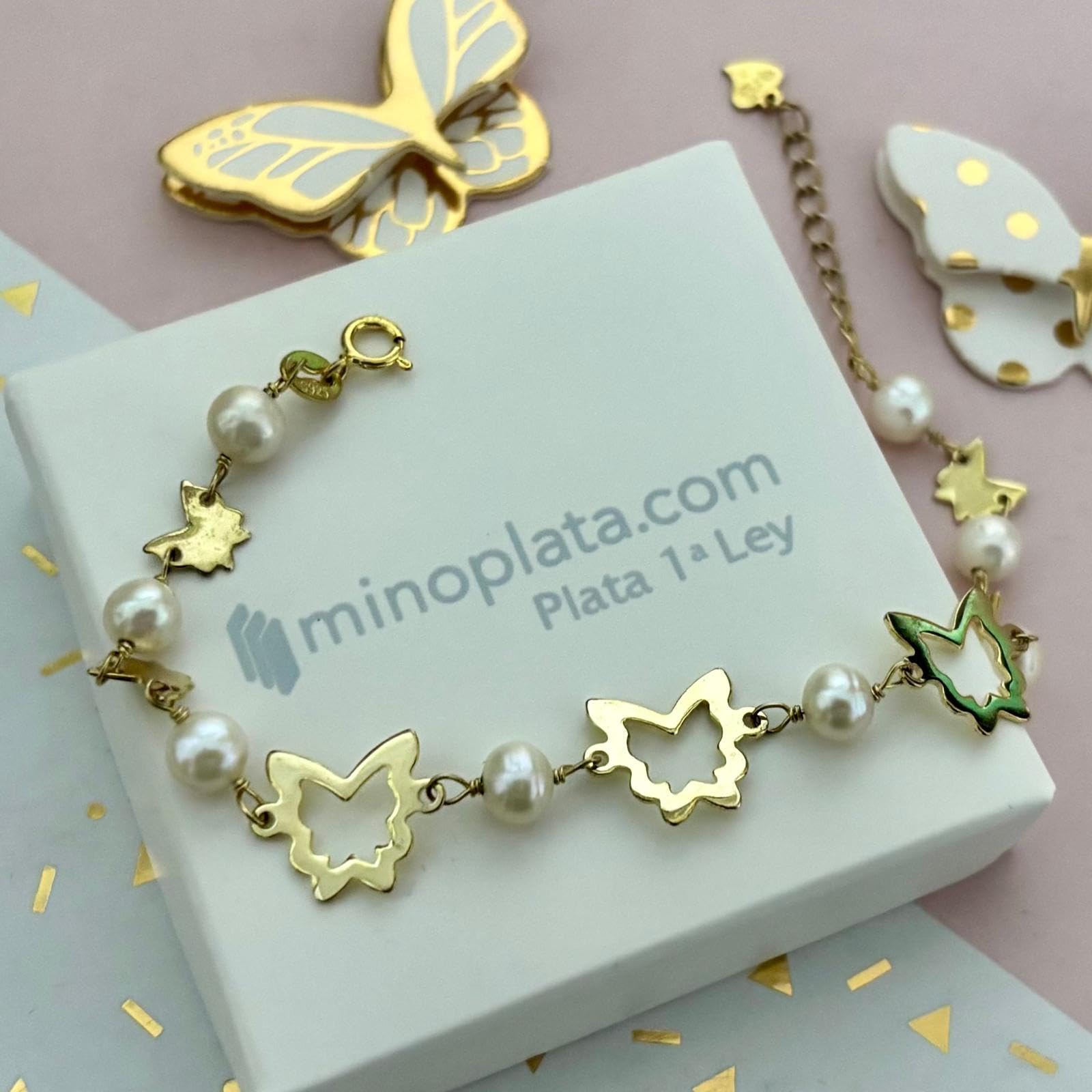 Pulsera Mariposas de Plata de Ley 925 Chapada en Oro con Perlas Cultivadas, Primera Comunión, 16 cm Ajustable