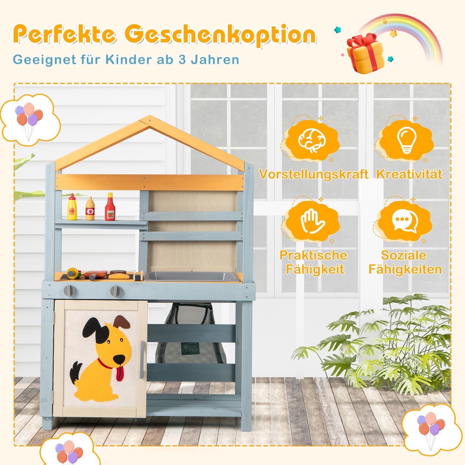 COSTWAY 2-IN-1 Matschküche Kinder Outdoor, Kinderküche Holz mit Tasche & Körben, Tafel & Zubehör, Spielküche mit ausnehmbarem Spülbecken, Outdoorküche für Kinder ab 3 Jahren