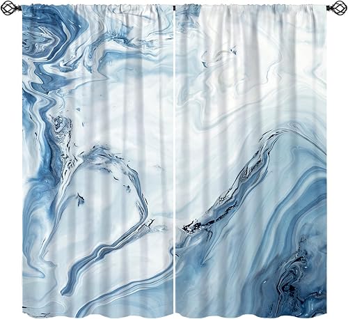 KANEPE Gradient Blue Marble Curtains, Modern Ombre Abstract Elegant Marble Textu
