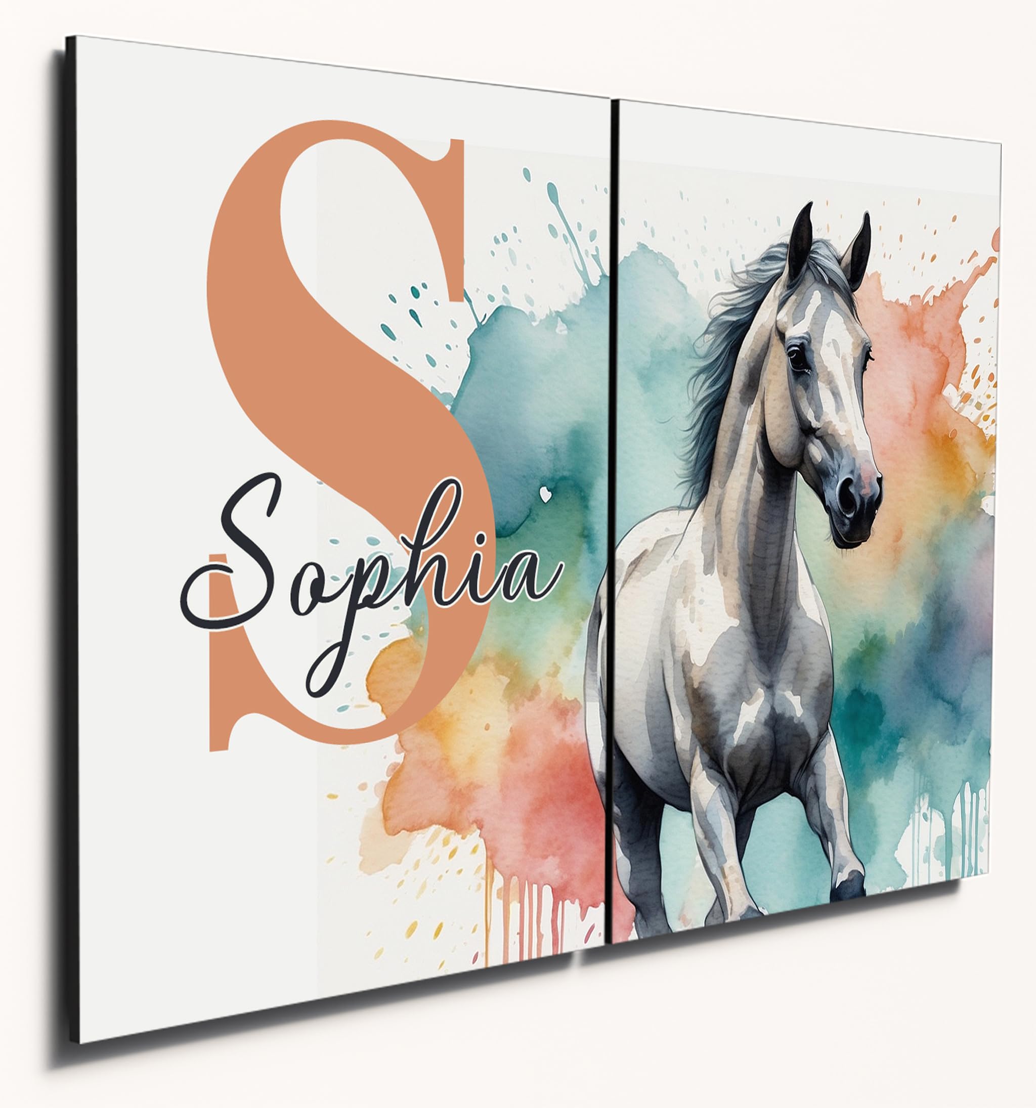 The Plum Penguin Horse Personalised Baby Watercolour Wall Art - A4 Twin Set, Mdf Wood, Pastel Nursery Decor Canvas Alternative 40 X 30Cm