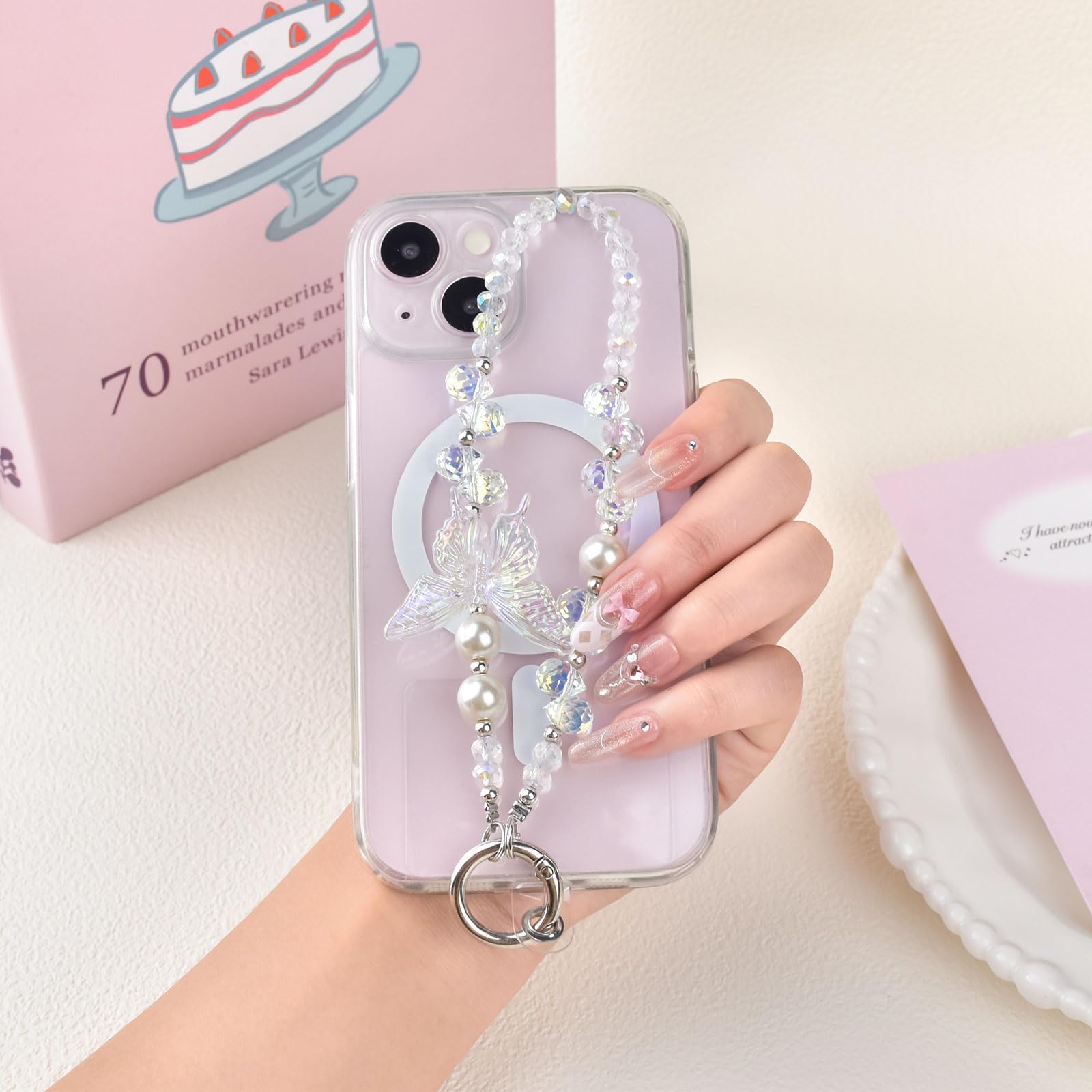 Fycyko Beaded Phone Wrist Strap,Crystal Glitter Cute Butterfly Keychain Wristlet,Phone Chain Wristlet Purse Bag Charms — view 5