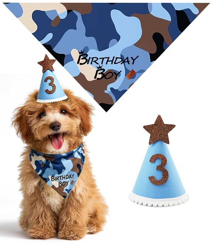 Conjunto de aniversário para cães pequenos Orangezone com bandana azul camuflada e chapéu numerado ajustável, 1 conjunto