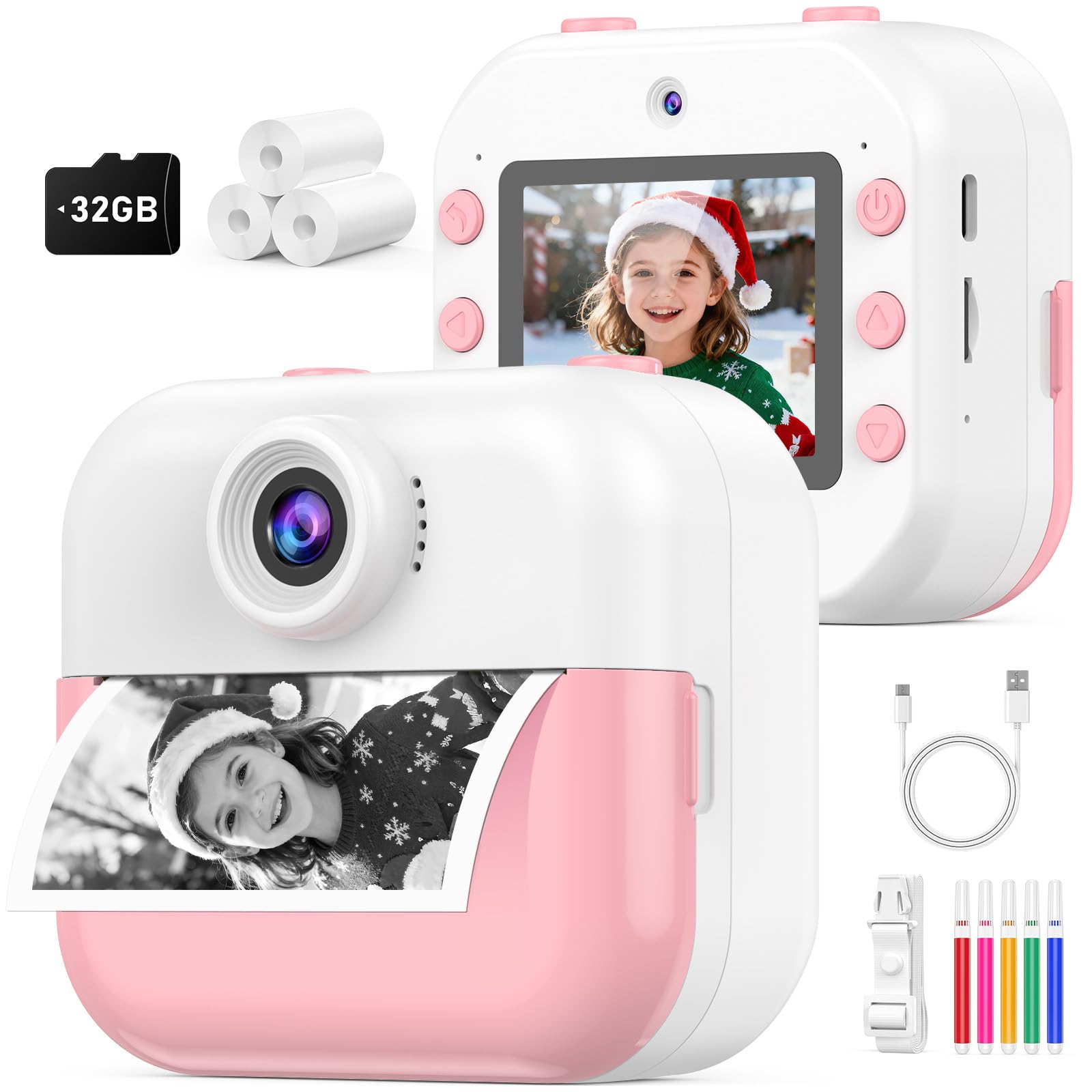 Instant Print Camera for Kids, DITUPAN Kids Camera with Front & Rear Camera for Selfie, Prints 1080P Videos, Christmas Birthday Portable Toys Gifts for Boys Girls Ages 3-12 (Pink)