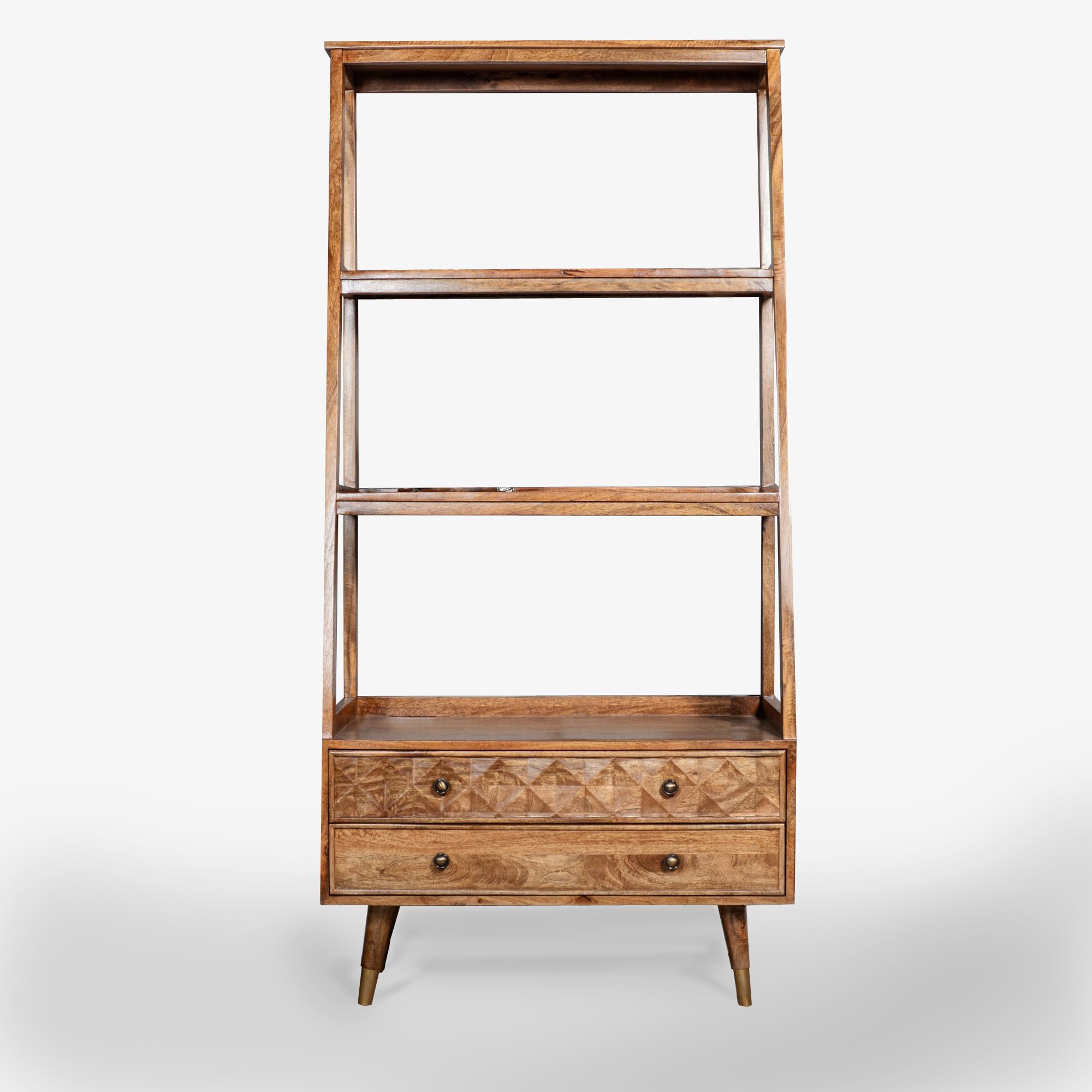 Mango Wood Bookcase with 3 Open Shelves and 2 Drawers | Mid-Century Style, Carved Drawer Fronts, Brass-Tipped Legs, Home Storage, Natural Wood Finish-image-31
