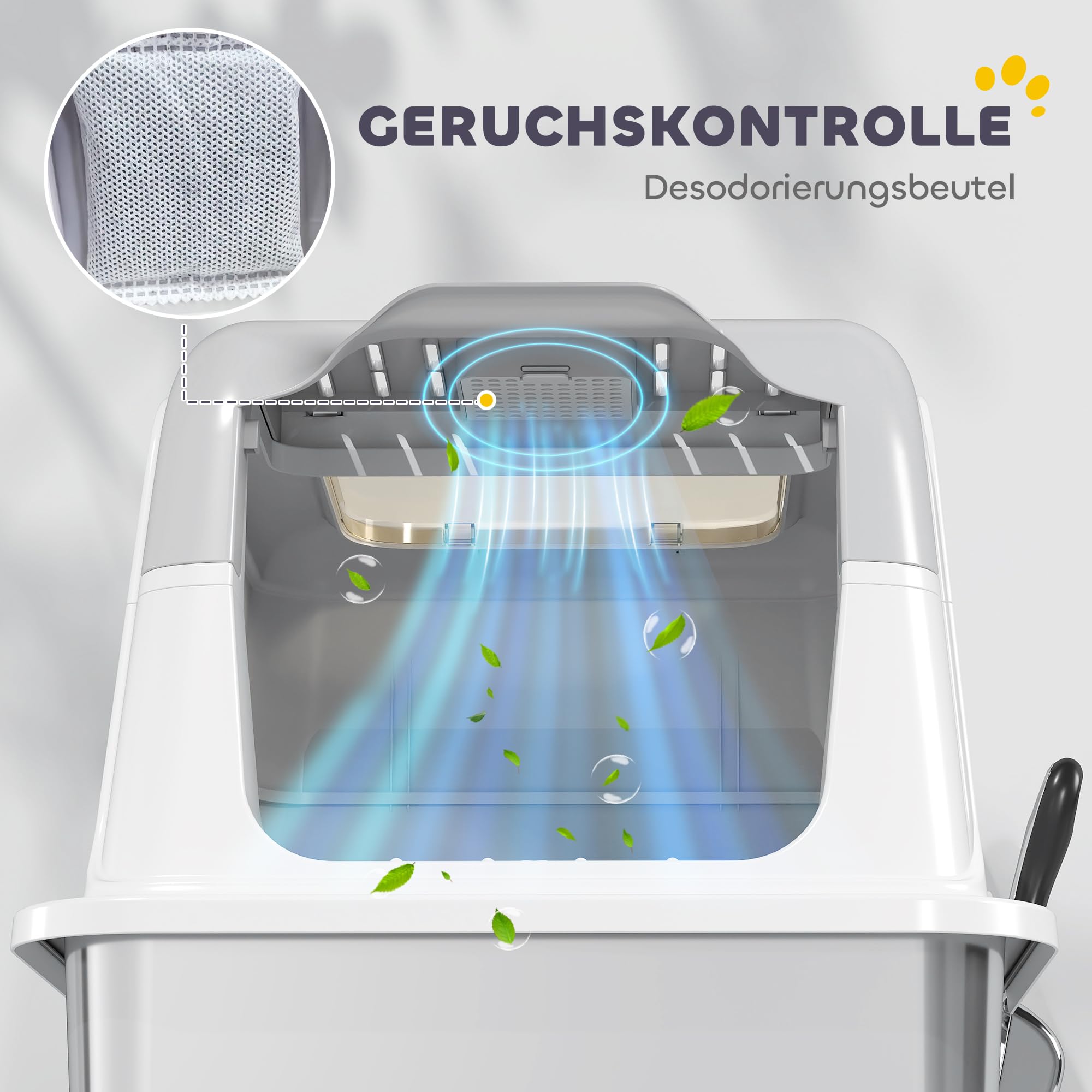 PawHut Katzenklo Edelstahl mit Deckel bis 7 kg 60,4 x 40,4 x 41,8 cm Weiß | Katzentoilette mit Haube, Schaufel, Deodorierungsbeutel, Doppelgänge Katzentoilette, für Katzen