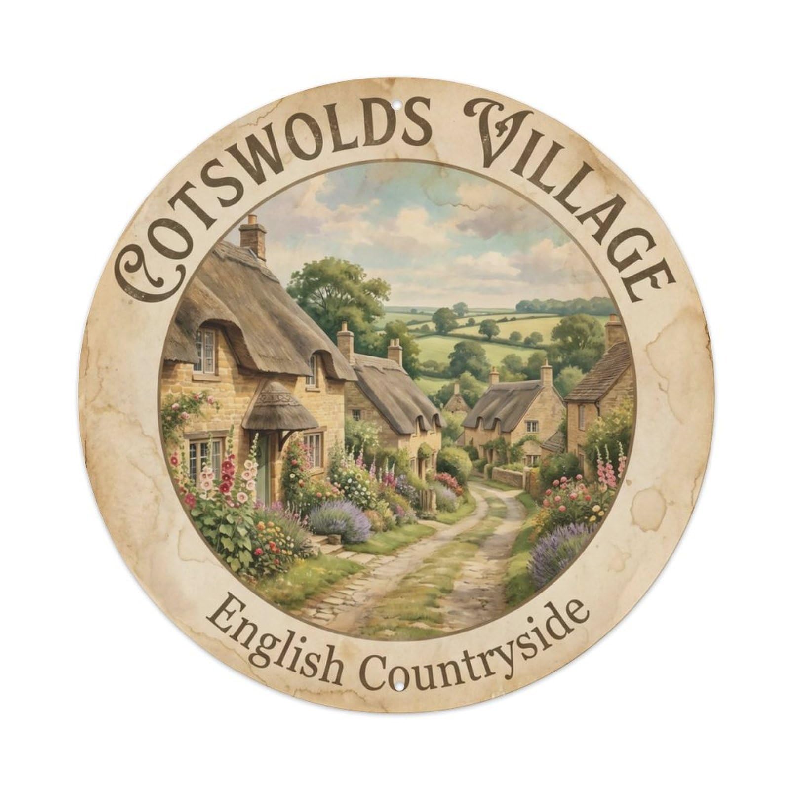 Vintage Travel Cotswolds Village England Metal Tin Sign Plaque Wall Decor for Cafe, Club Bar, Office, Home Garden Round Metal Poster 8x8Inch