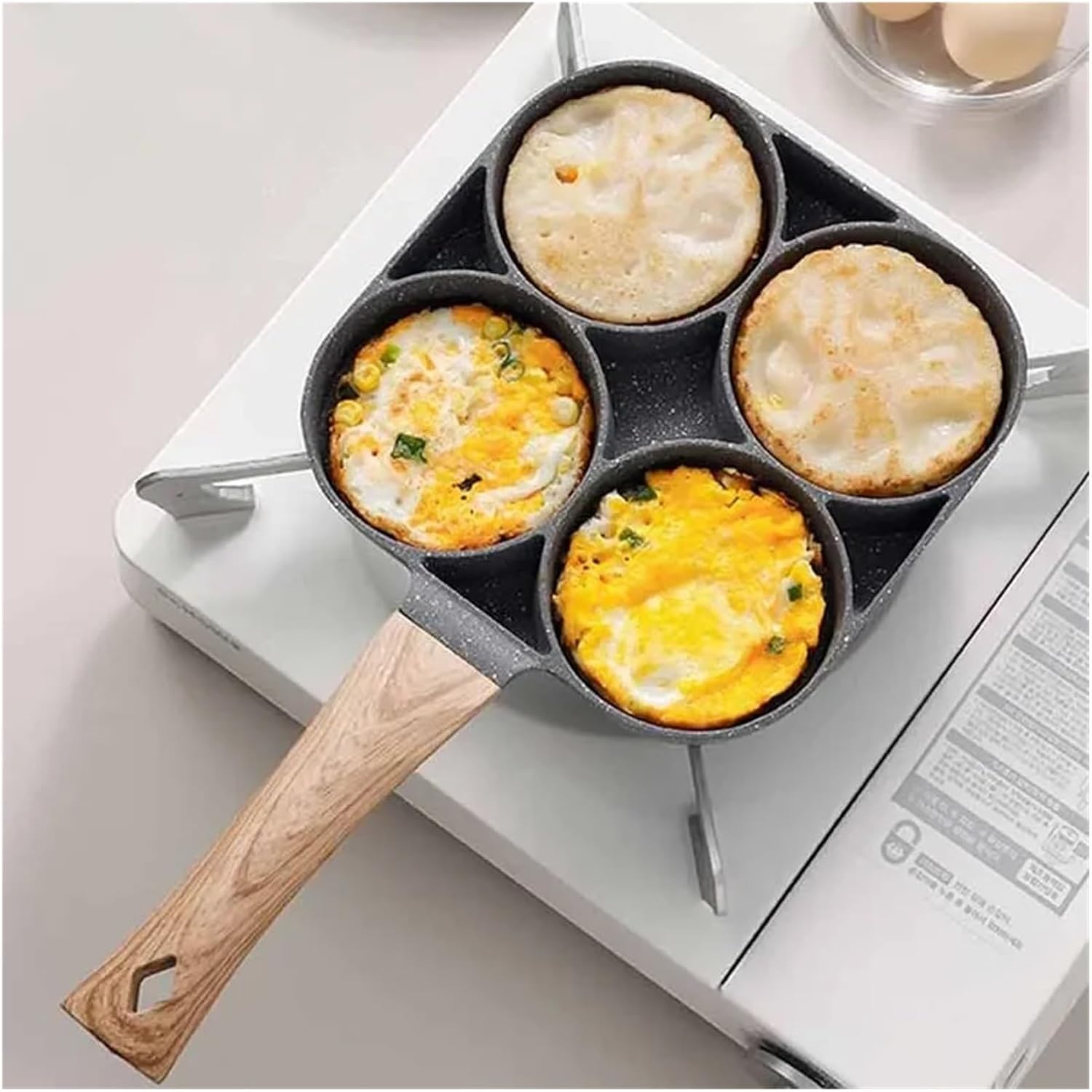 1/2Pcs 4-Hole Omelet Frying Pot Pan With Wooden Handle Frying Grill Non-stick Egg Pancake Steak Pan Cooking Egg Breakfast Maker(1Pcs)
