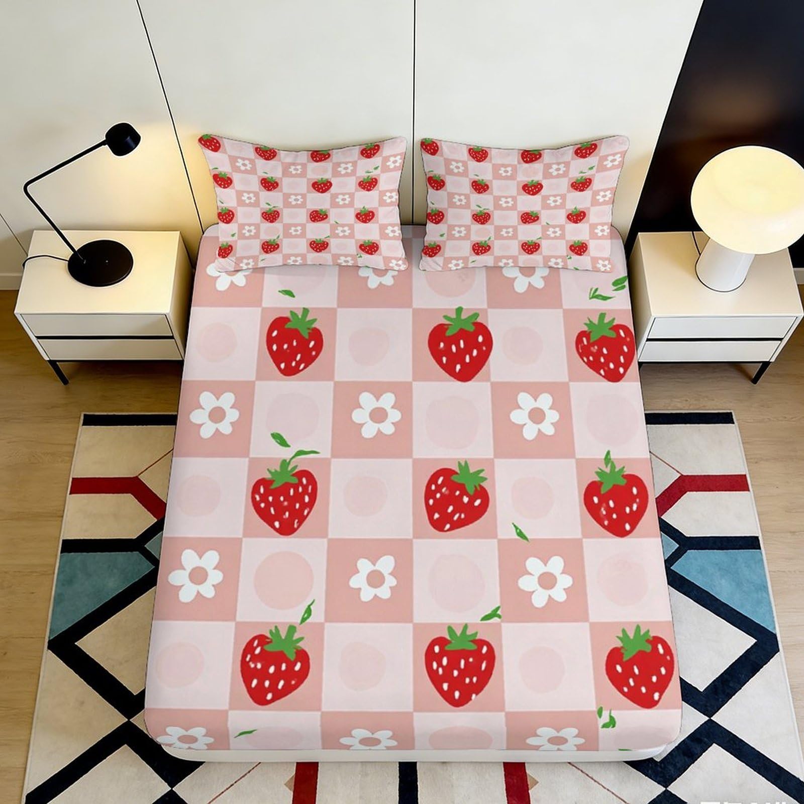 3D Printed Strawberry Pattern Fitted Sheet Microfiber Deep Pocket Non-Slip Bedroom Bedding Strawberry Mattress Fitted Cover Washable 140x200x25cm