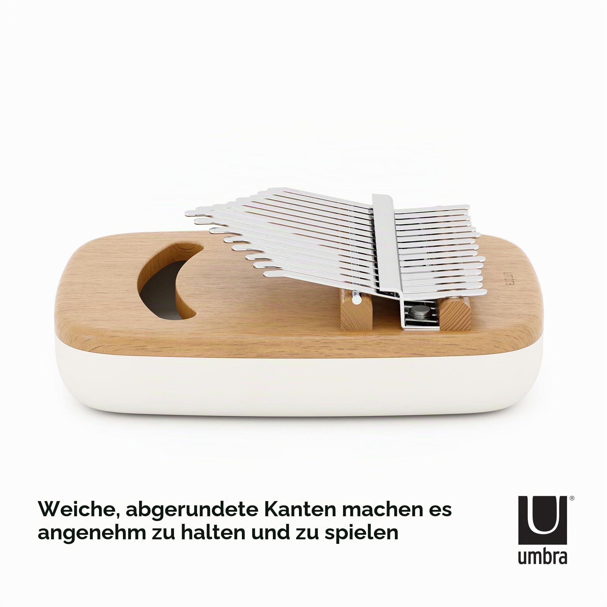 Umbra Strumba Kalimba Daumenklavier, 15 Tasten, Weiss/Natur | Birkenholz, abgerundete Ecken, integrierte Ablage, tragbares Design, recyceltes Material