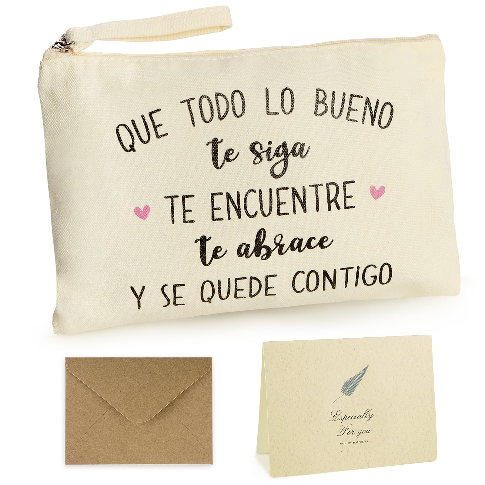 GEBETTER Kit Regalo Mujer 1*Bolso Neceser + 1*Tarjeta + 1*sobre Kraft, Bolsa Aseo Frase Motivadora Cartera Mano Estuche Maquillaje Cosmético Viaje Multiuso Navidad Cumpleaños Lona 23x16 cm (Beige)