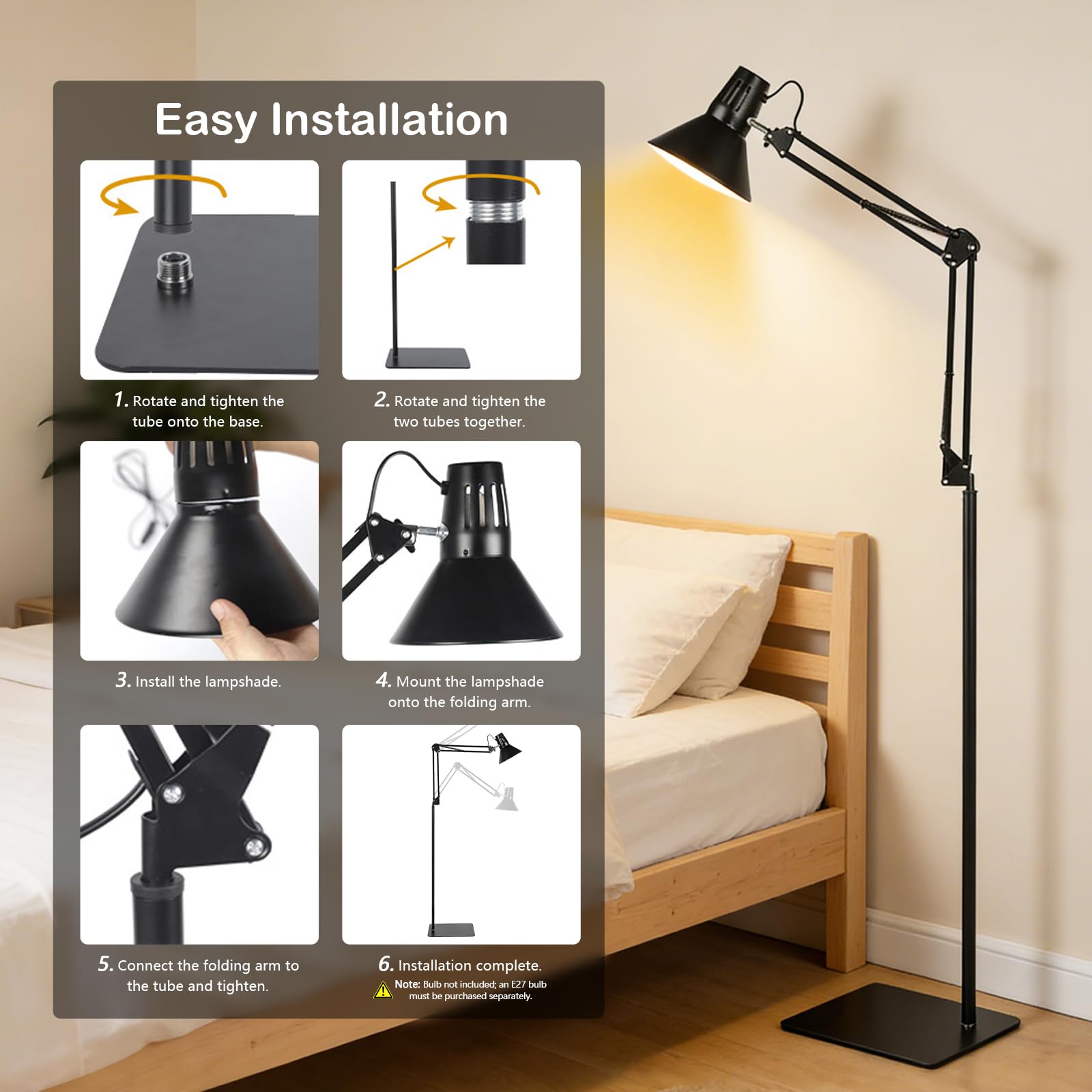 Supporto per Lampada Riscaldante per Rettili con Paralume, 40 - 180 cm Regolabile con Braccio Girevole a 360°, Supporto per Lampada da Terra Compatibile E27 per Tartaruga Acquari Terrari e Piante